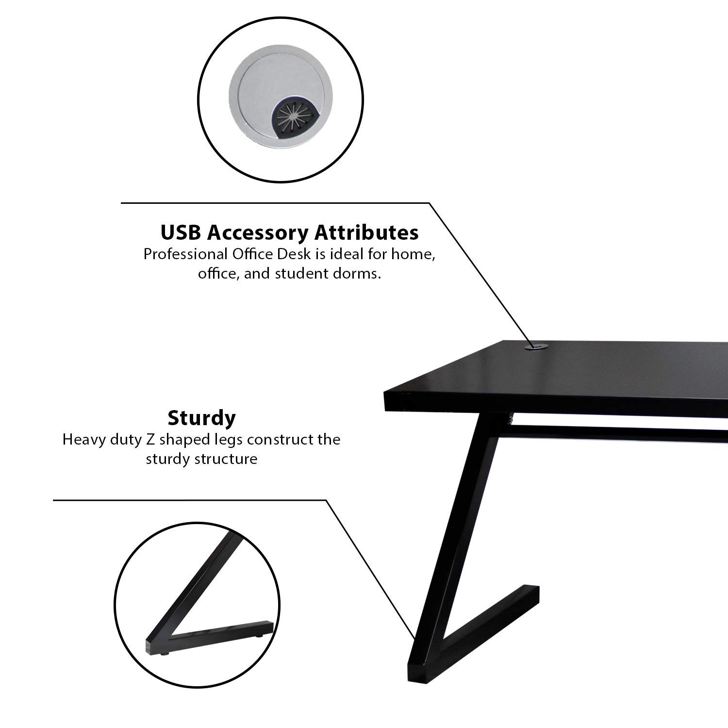 Modern Z-Shaped Computer Desk with Tempered Glass - Sturdy Home Office Desk for Laptop, Study & Dining | USB Ports & Multi-Functional Design | Perfect for Small Spaces, Gaming & Remote Work