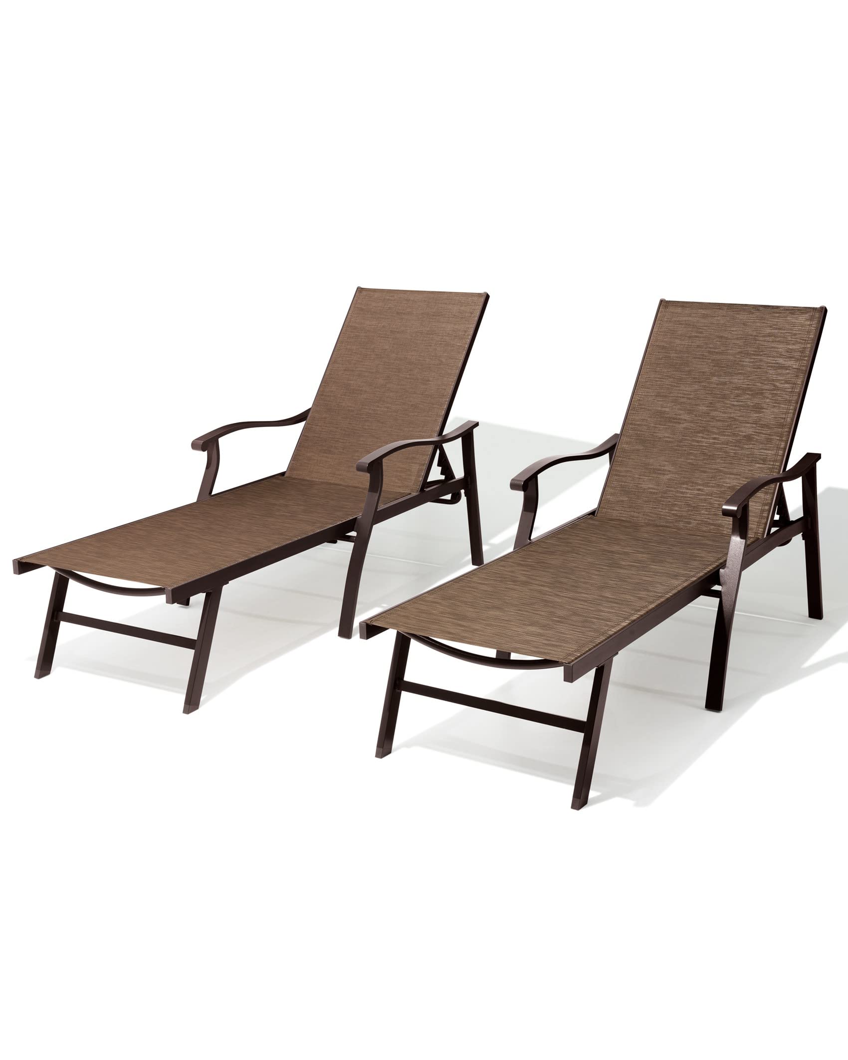 2PCS Outdoor Chaise Lounge Chairs Set - 5-Position Adjustable Backrest, Ergonomic Armrests, All-Weather Textiline Fabric & Aluminum Frame - Perfect for Patio, Beach, Poolside, Backyard Relaxation (Brown)