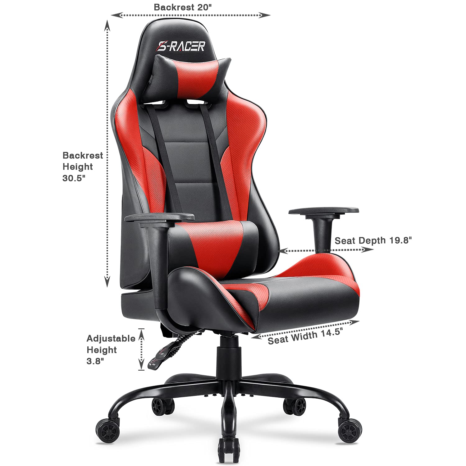 Homall High Back Gaming Office Chair - Ergonomic PU Leather Computer Desk Chair with Adjustable Height, Headrest & Swivel for Adults - Perfect for Gaming, Work & Home Office (Red)