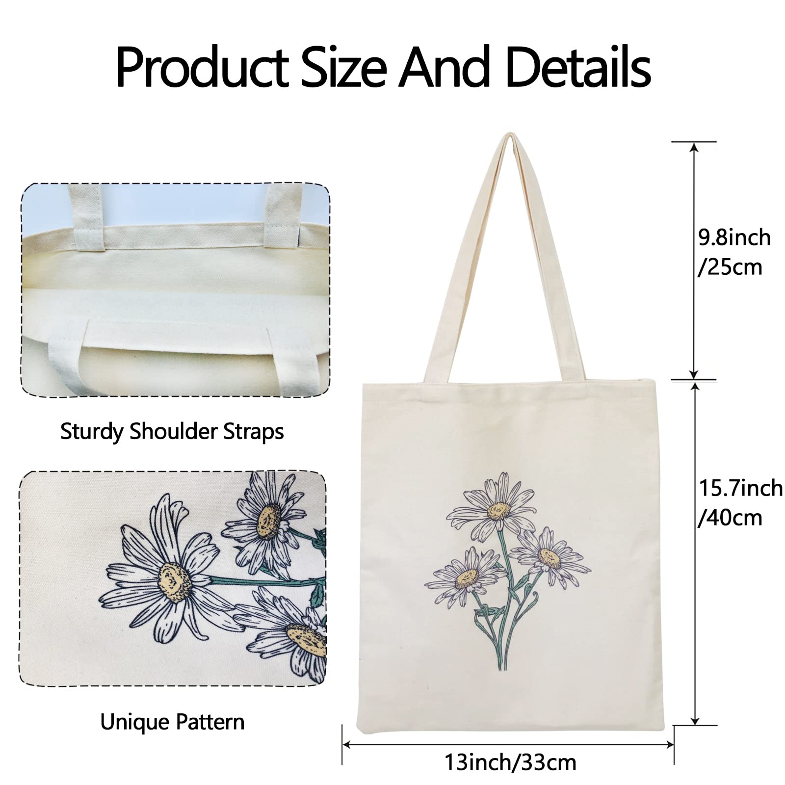 Stylish Floral Canvas Tote Bag for Women - Reusable Grocery Shopping Bag with Cute Cat Design - Perfect for Teachers, Beach Trips & Farmers Market