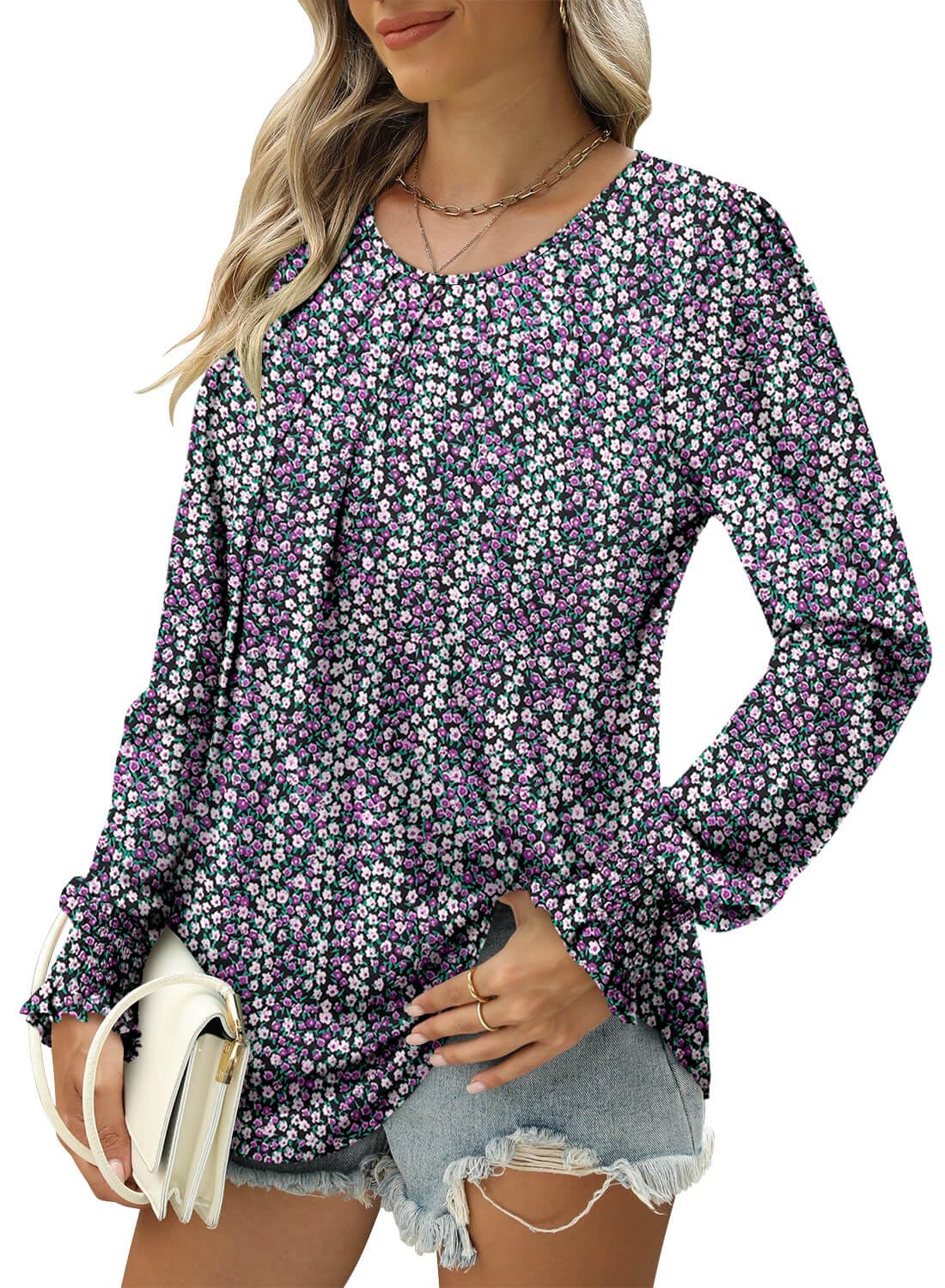 ONLYSHE Women's Long Sleeve Crewneck T-Shirt - Casual Flowy Ruffle Tunic Blouse for Fall | Perfect for Work, Date Night & Everyday Wear