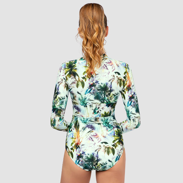 Women's Side Ruching Long Sleeve One Piece Swimsuit - Coconut Palm Print UV Protection Swimwear for Beach, Pool & Vacation