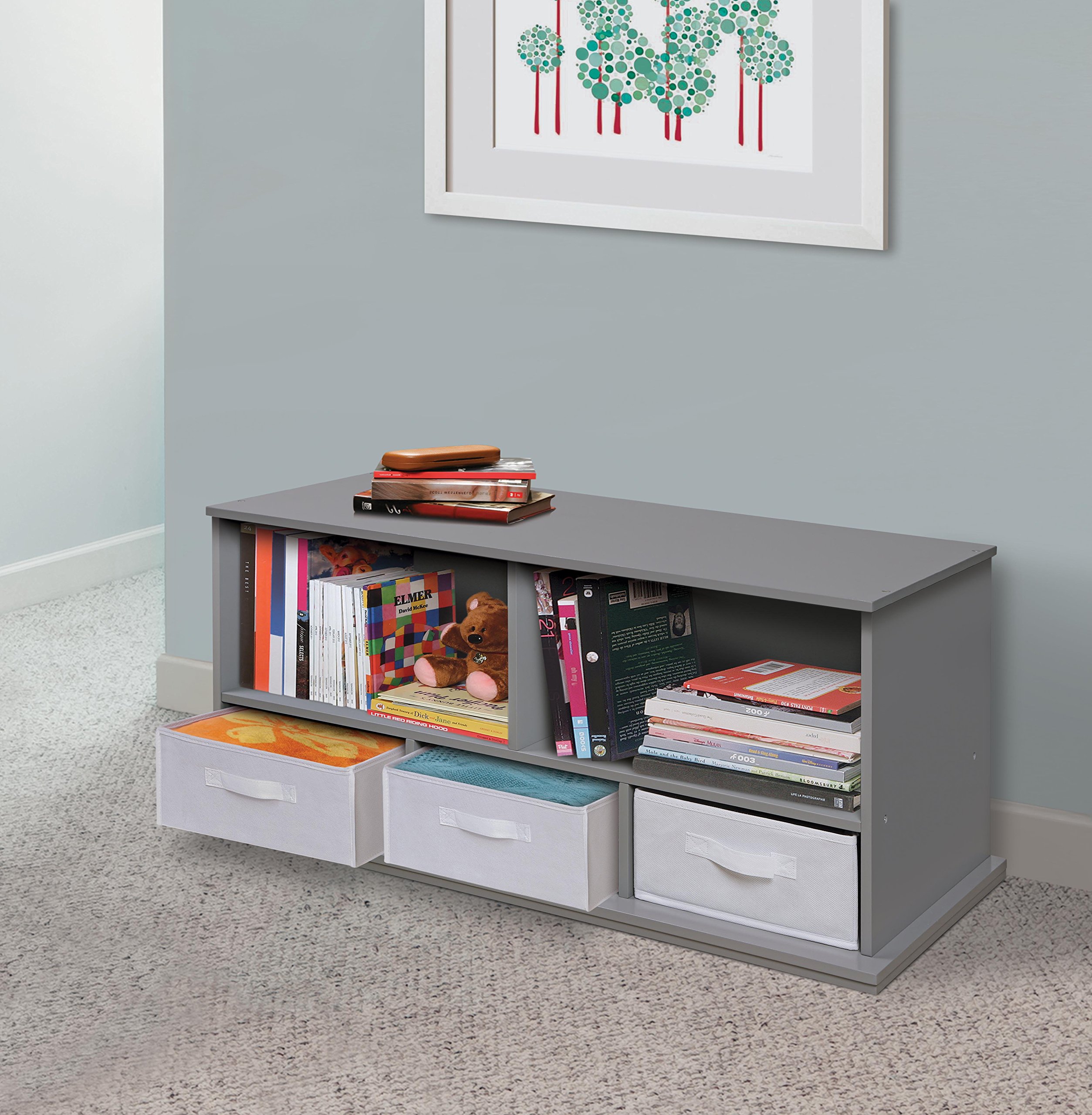 Badger Basket 5-Shelf Stackable Toy Storage Organizer with 3 Fabric Bins - Gray | Kids Room Organization & Playroom Storage Solution