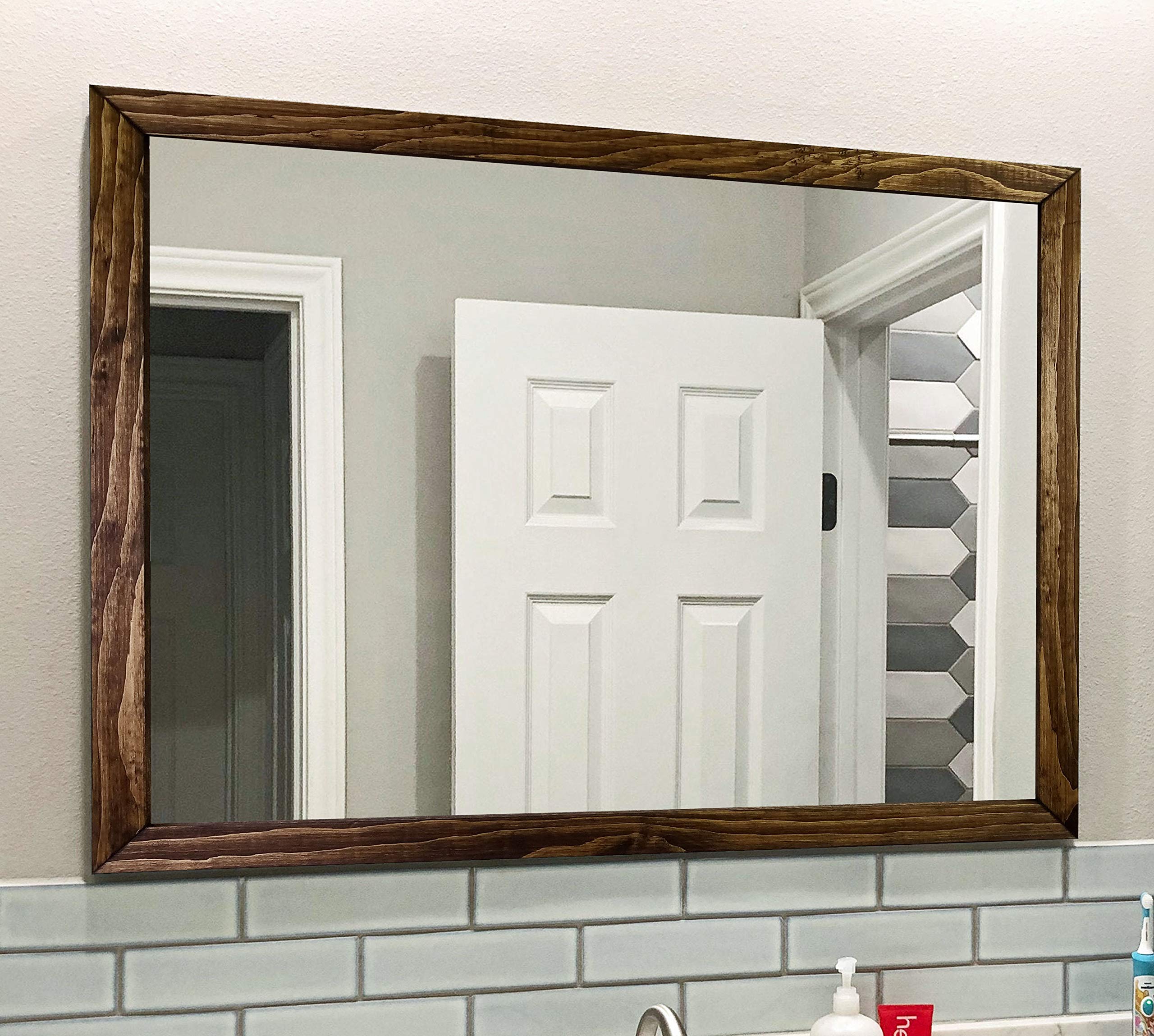 Handmade Rustic Wood Rectangular Wall Mirror - 20 Colors & 6 Sizes - Bathroom, Living Room, Bedroom Decor - Dark Walnut Finish - USA Made Horizontal Mirror for Farmhouse & Modern Homes