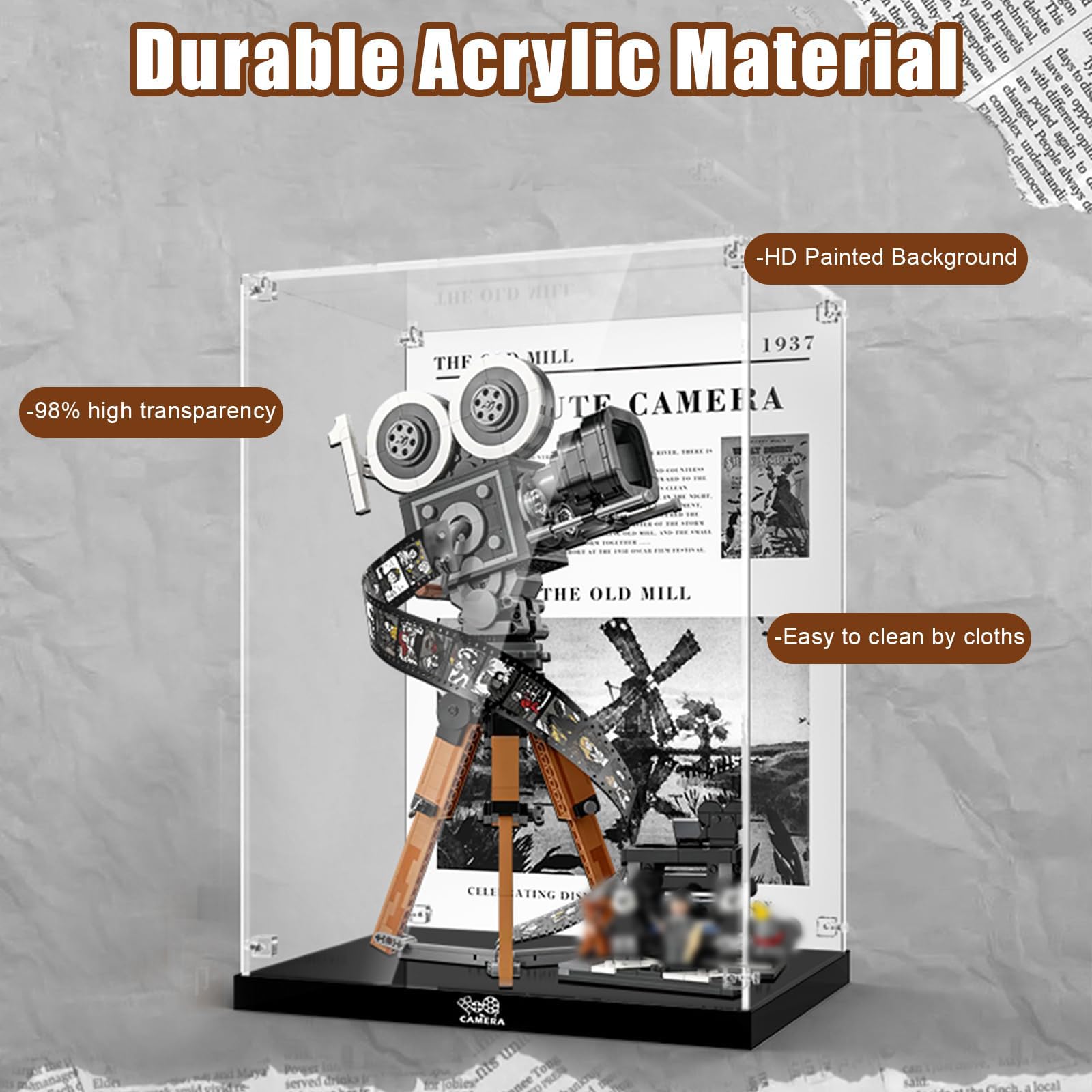 Clear Acrylic Display Case for LEGO Disney Walt Disney Tribute Camera 43230 Building Set - Dustproof Protection Box with Base & HD Painted Background (Model Not Included) | Perfect for Collectors, Home Decor, and Gift Display