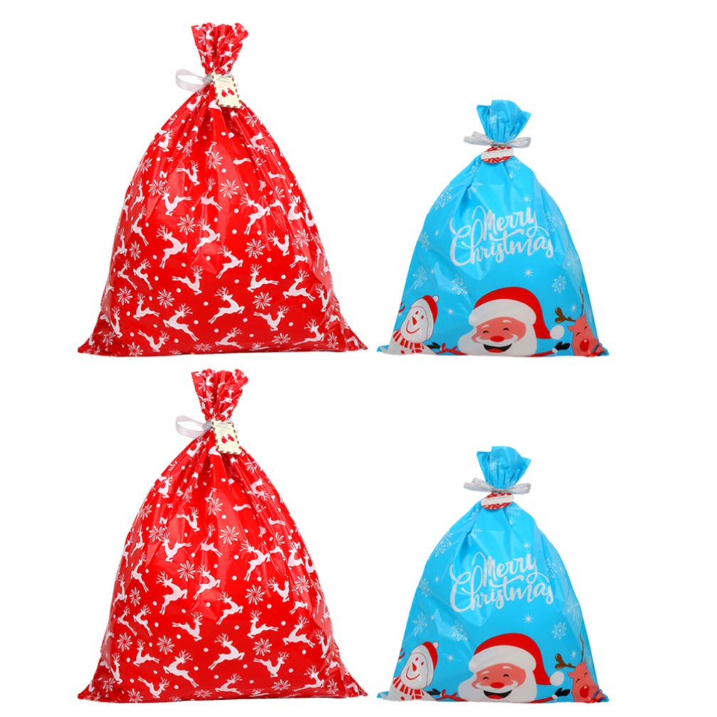 5-Piece Christmas Gift Bags Set - Santa Drawstring Plastic Wrapping Sacks for Candy, Cookies & Party Decor | Holiday Present Packaging for Xmas Parties, School Events & Home Decorations