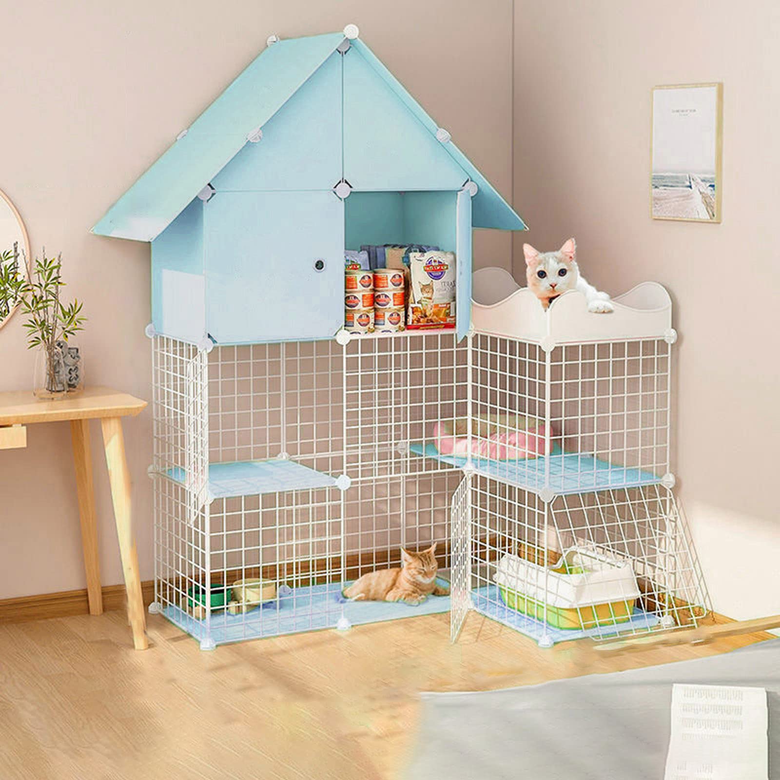 QJM 3-Tier Deluxe Cat Cage Playpen - Foldable Metal Cat House with Hammock, Nest & Litter Box | Indoor Cat Condo for Play, Rest & Training | Perfect for Small Pets, Kittens & Multi-Cat Homes