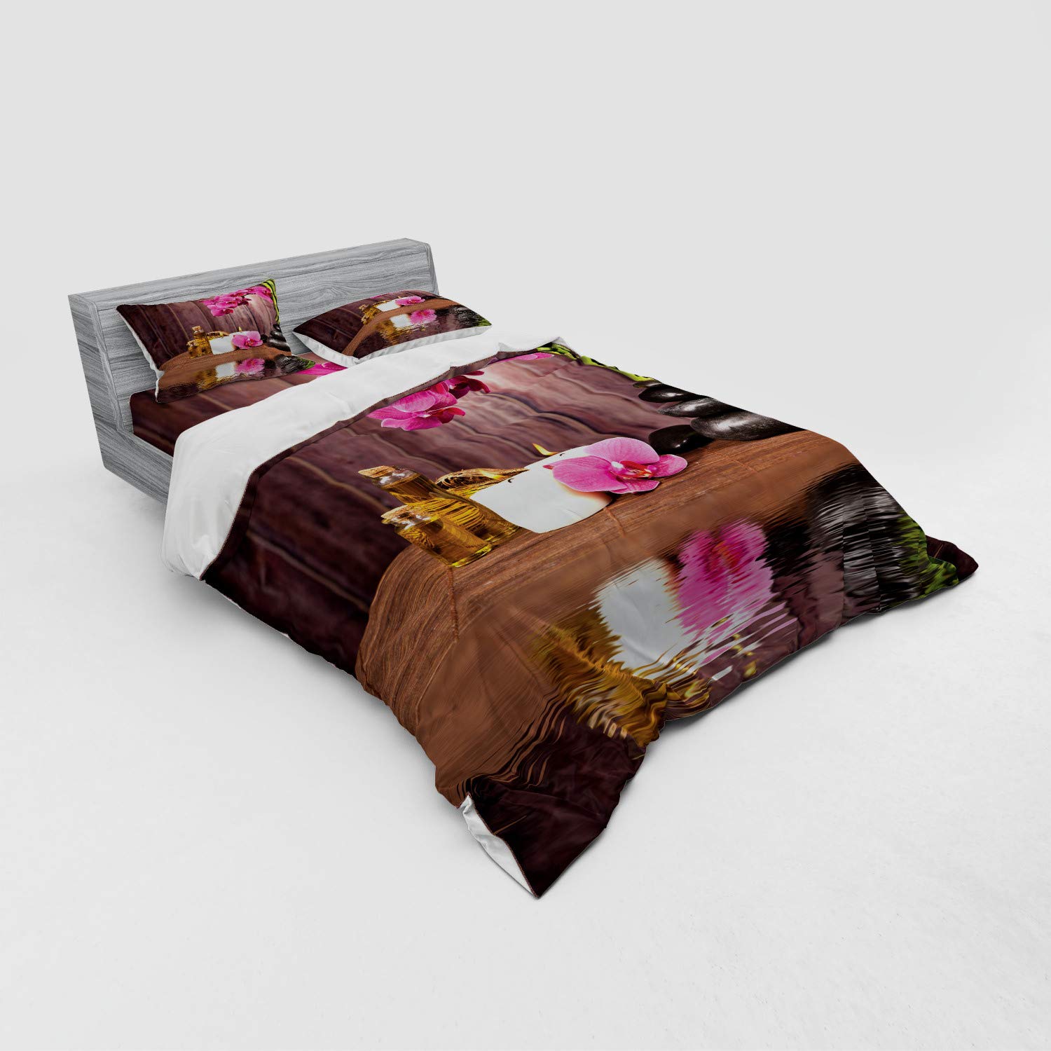 Ambesonne Orchid Duvet Cover Set - Modern Bohemian Floral Print with Candles & Stones - 3 Piece Queen Size Bedding Set (Duvet Cover, Sham, Fitted Sheet) in Umber Green & Pink - Perfect for Boho Chic Bedroom Decor & Cozy Home Styling