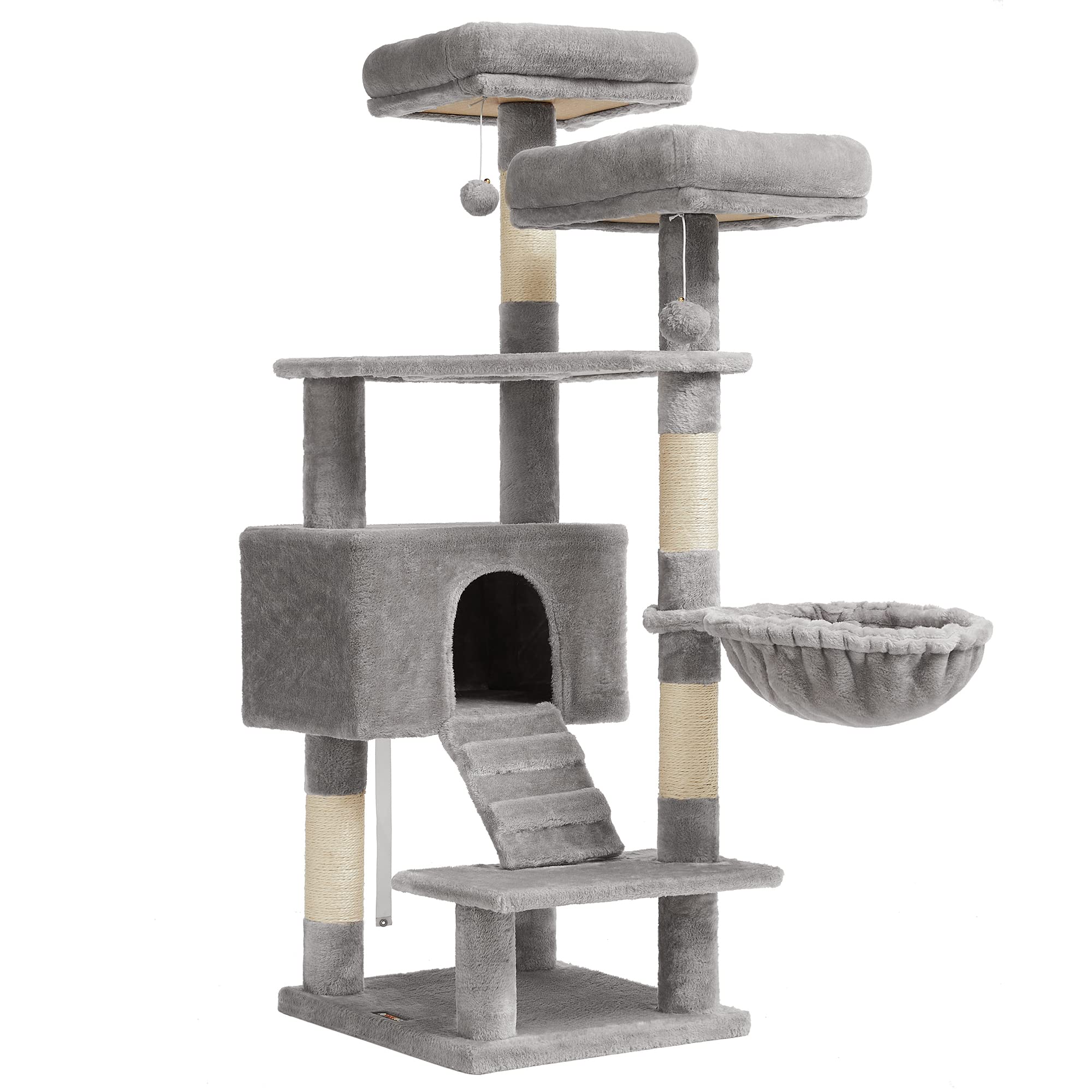 FEANDREA 55.9-Inch Multi-Level Cat Tree Tower with Scratching Posts, 2 Plush Perches, Basket & Large Cat Cave - Indoor Cat Activity Center for Play, Climbing & Relaxation - Perfect for Small Spaces & Multi-Cat Homes