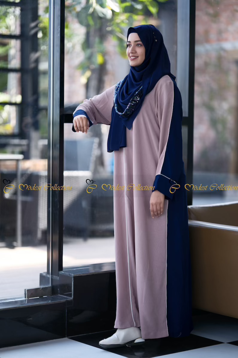 Elegant Dual Shade Umrah Abaya in Umber & Navy - Perfect for Hajj, Prayer & Islamic Modest Fashion
