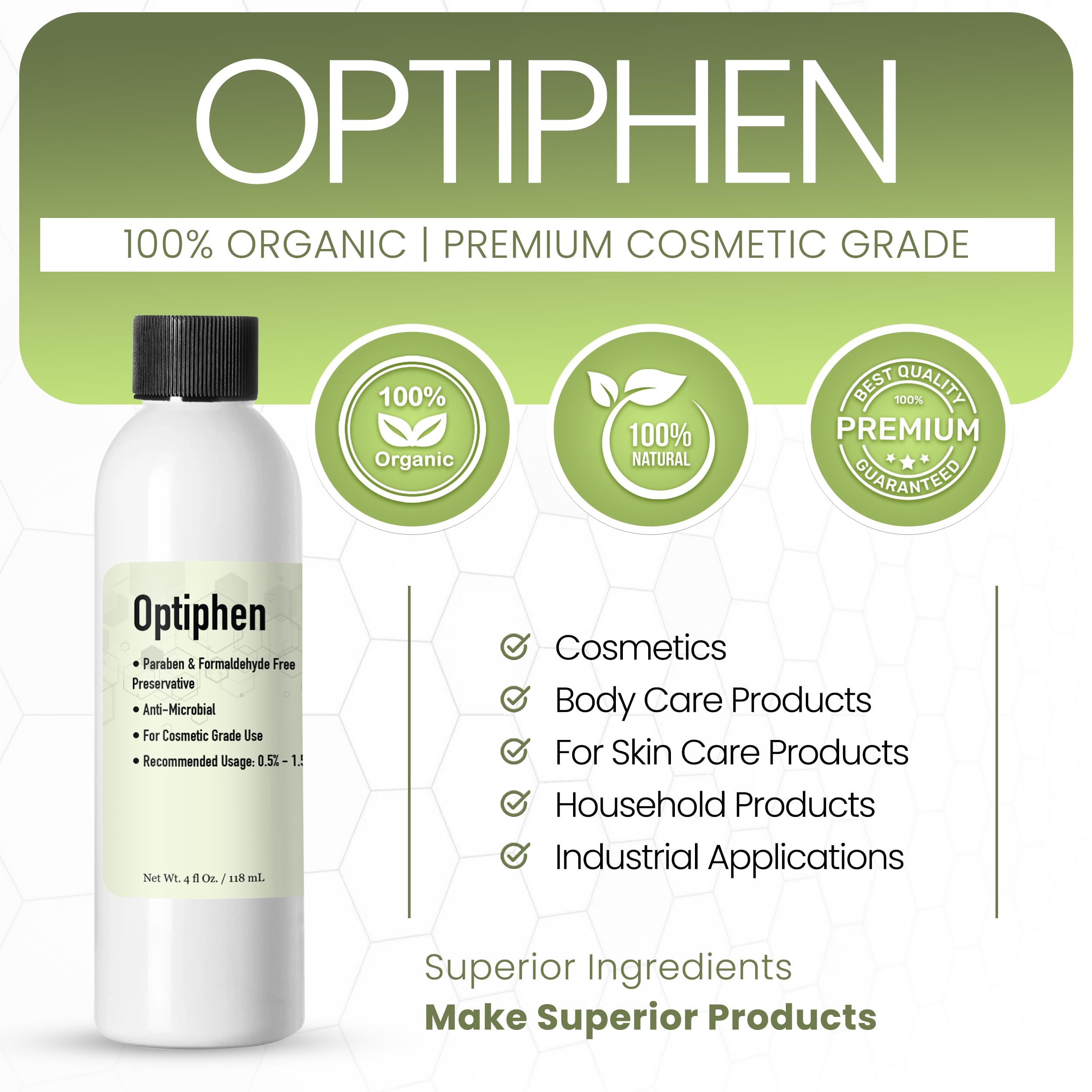 Optiphen Preservative (4 Oz / 118 mL) - Natural, Water Soluble, Paraben-Free Broad Spectrum Cosmetic Preservative for Lotion Making - Ideal for DIY Skincare, Homemade Creams & Natural Beauty Products