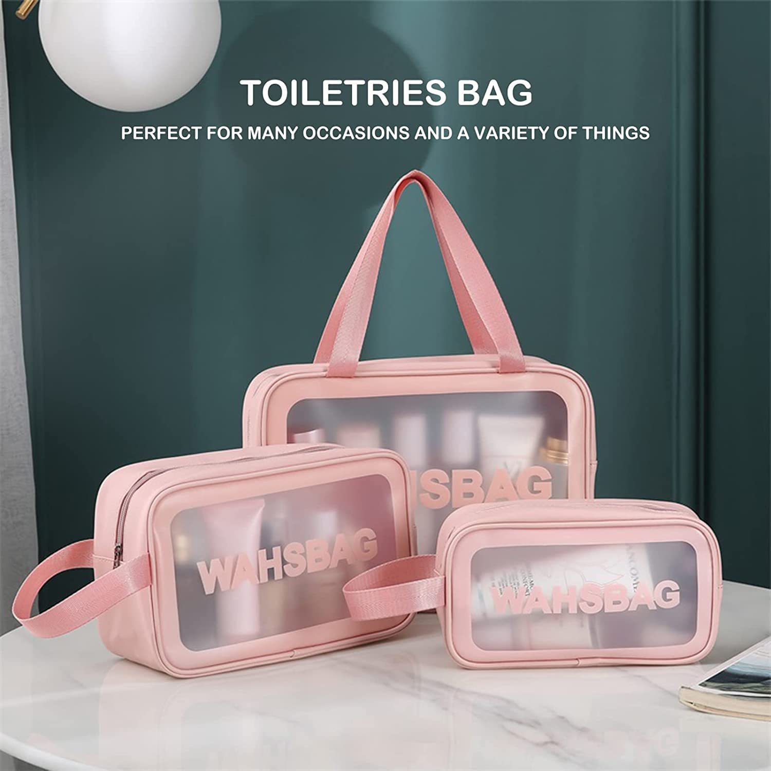 LATIQ MART Waterproof Makeup Bag Set of 3 - PU & PVC Cosmetic Organizer for Women, Travel Toiletry Bag, Wash Bag, Grooming Kit Storage (Pink) - Perfect for Travel, Gym, Home & Daily Essentials Organization