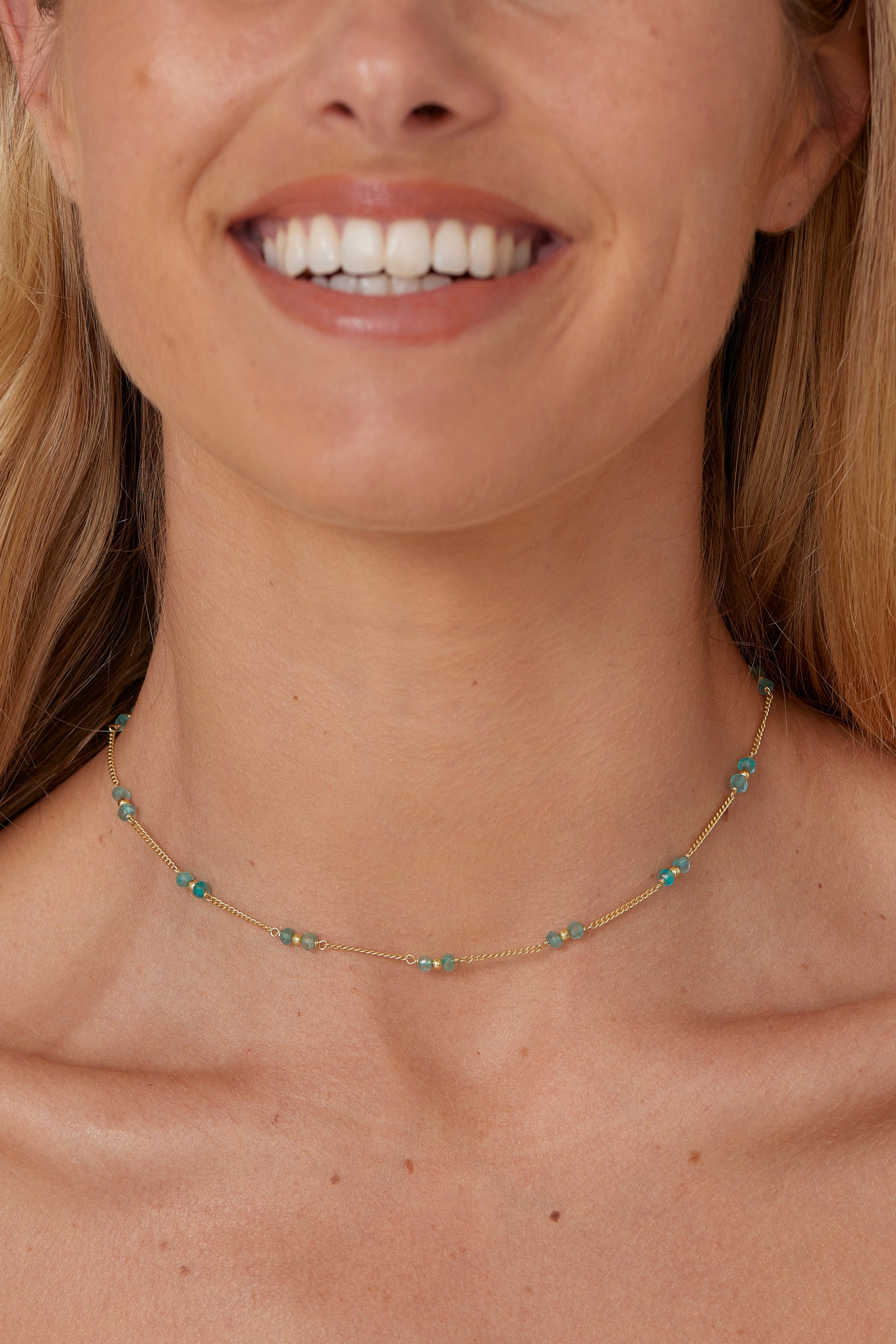 Beaded Apatite Gold Necklace for Women - Elegant Blue Gemstone Jewelry Gift for Birthday, Anniversary & Special Occasions