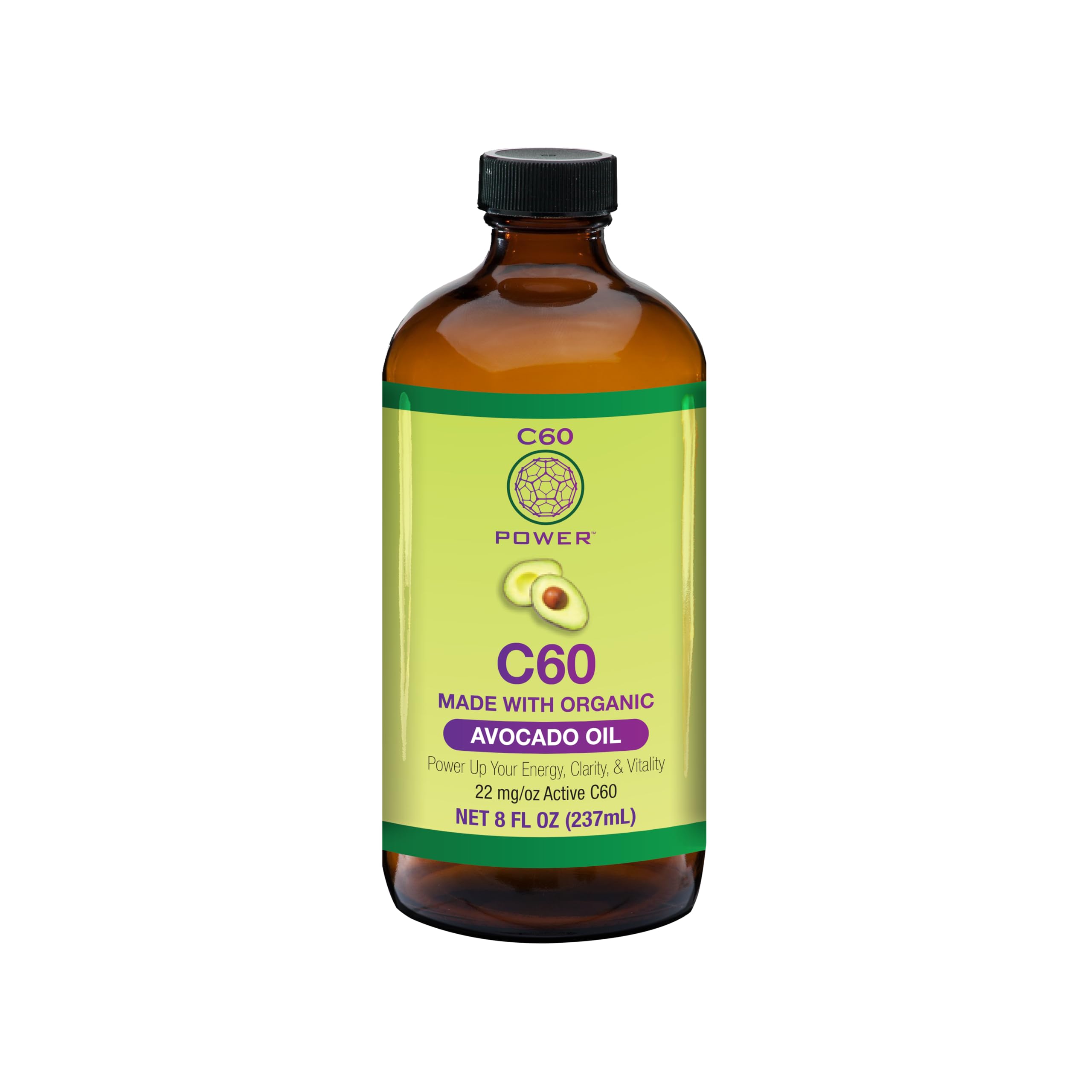 Organic Avocado Oil with 99.99% Pure C60 Fullerenes - 8 Fl Oz | Antioxidant Support, Mitochondrial Health | Cooking, Skincare & Wellness Supplement