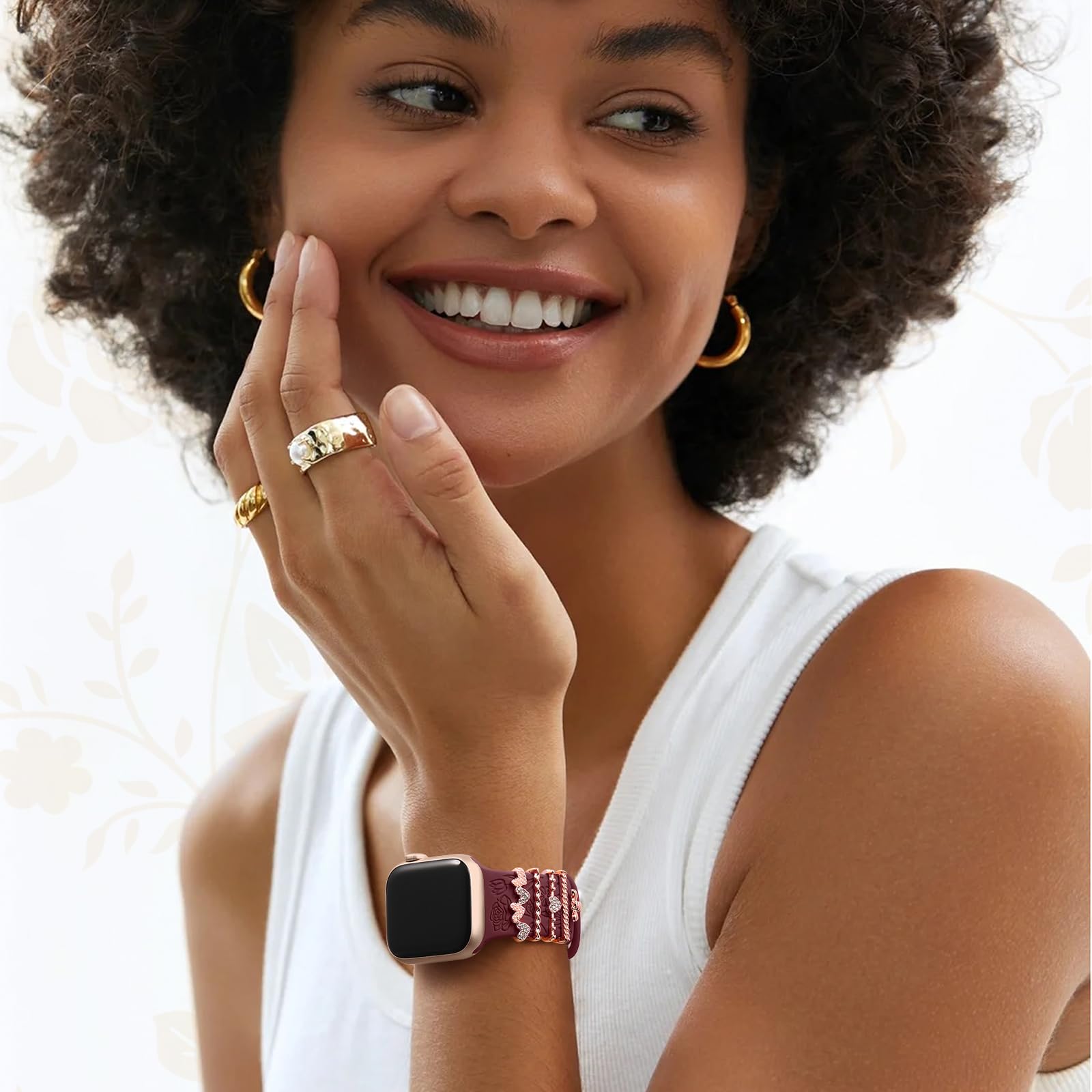 DaQin Floral Engraved Apple Watch Band - Soft Silicone Strap with Charms for Women - Compatible with iWatch Series 9/8/7/6/5/4/3/2/1/SE (38mm 40mm 41mm 42mm 44mm 45mm) - Perfect for Workouts, Office Wear & Everyday Fashion Accessory