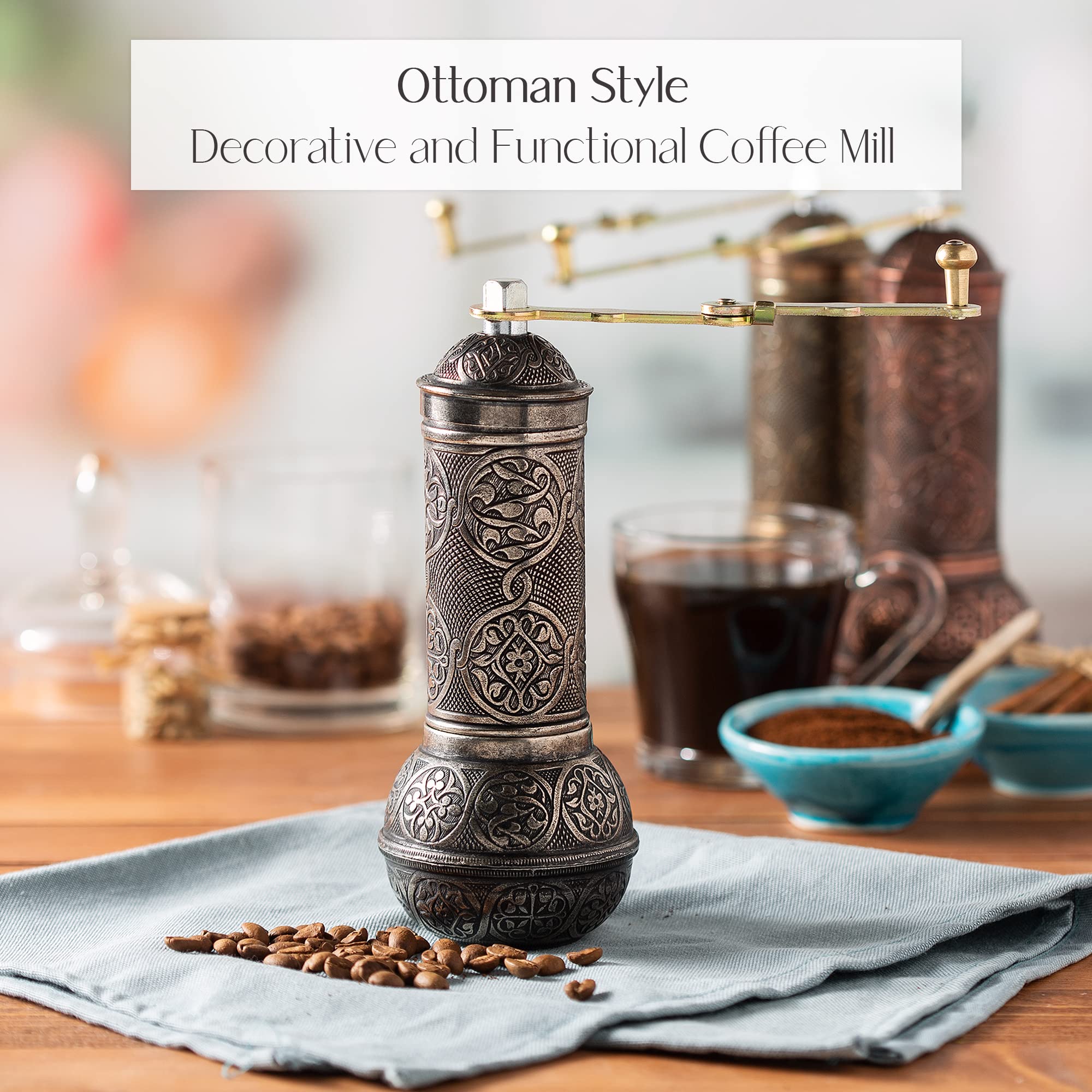 Premium Crystalia Refillable Manual Coffee Grinder - Adjustable Metal Burr Mill with Hand Crank & Ergonomic Handle - Vintage Style for Espresso, French Press & Cold Brew - Perfect for Home, Office & Camping Use