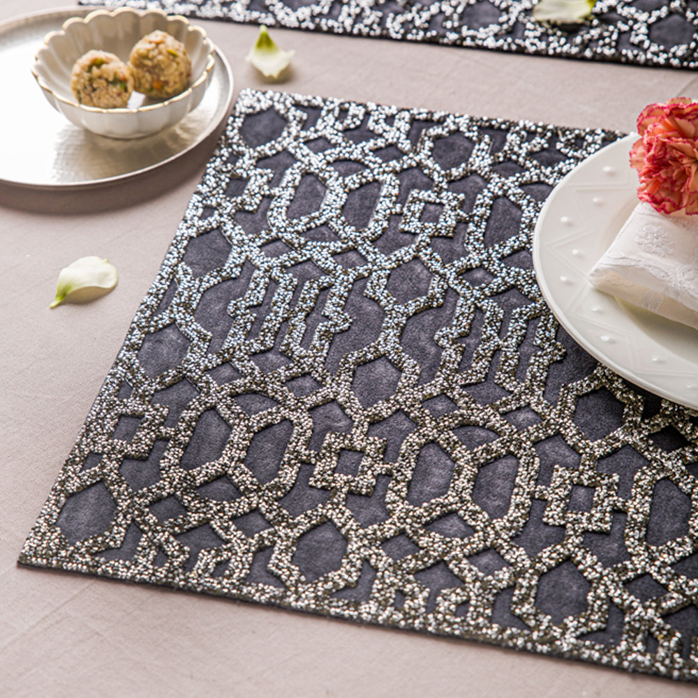 Fiona Grey Rhinestone Table Mat Set of 2 - Elegant Crystal Placemats for Dining Table Decor, Wedding & Party Table Setting