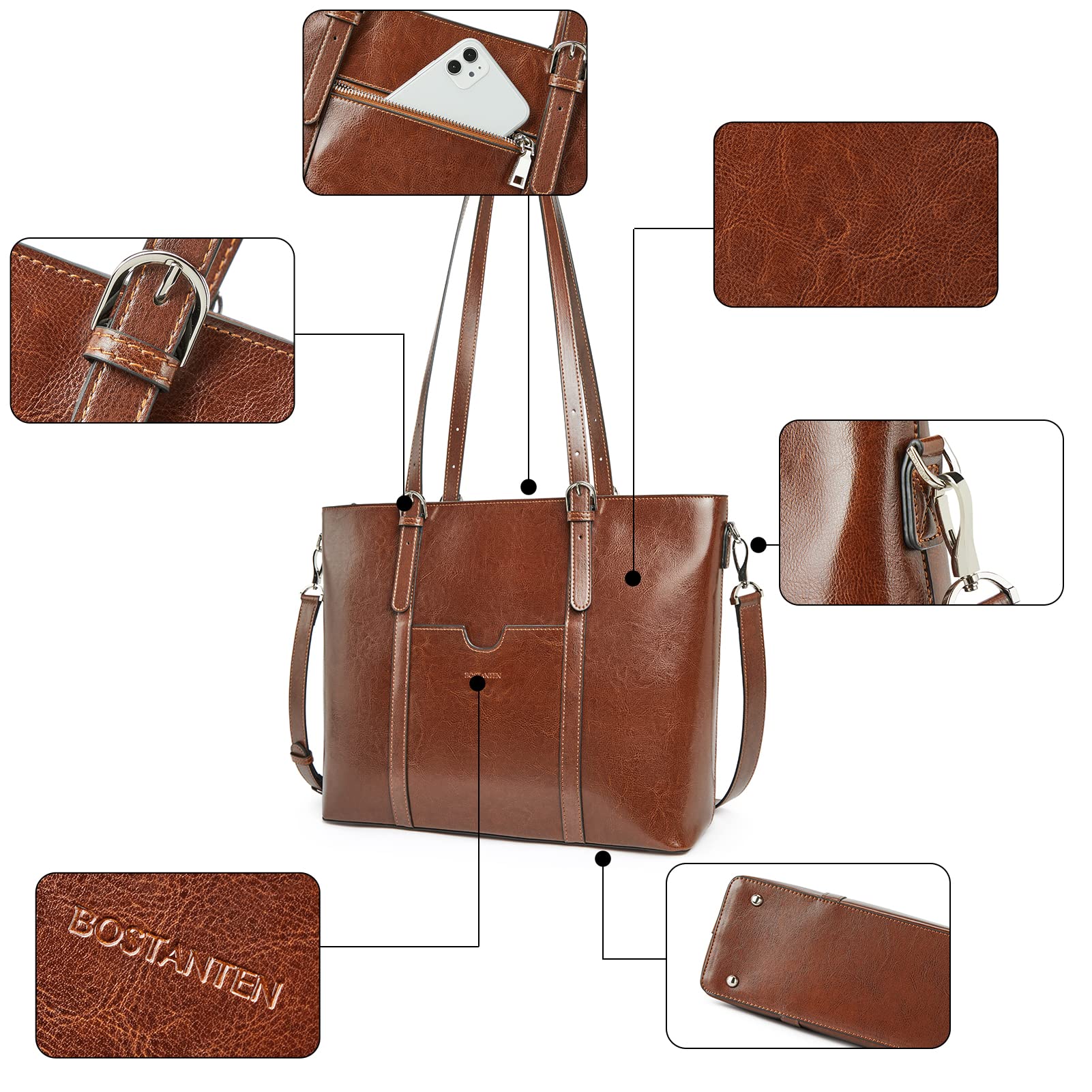 BOSTANTEN Women's Vintage Leather Laptop Tote Bag - 15.6 Inch Office Shoulder Handbag & Work Briefcase Purse for Business, Travel, and Daily Commute