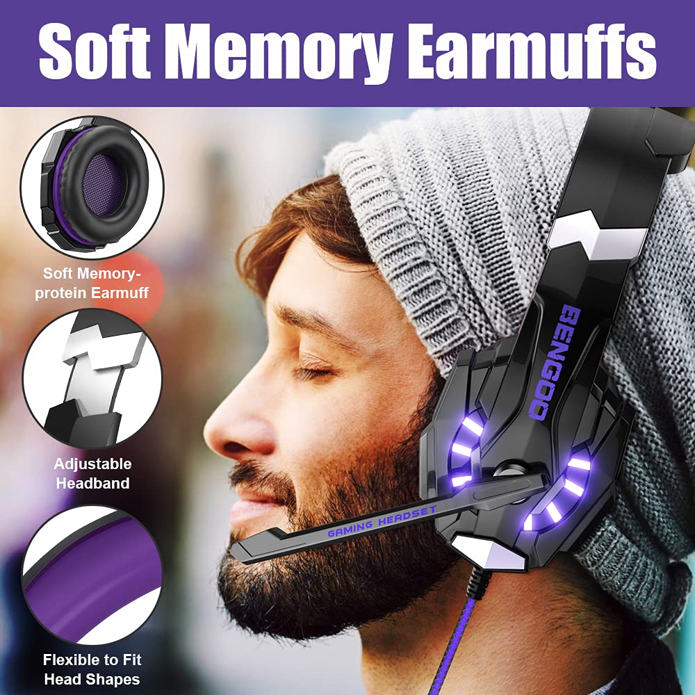 BENGOO G9000 Stereo Gaming Headset with Mic - Noise Cancelling Over-Ear Headphones for PS5, PS4, PC, Xbox One | LED Light, Bass Surround, Soft Memory Earmuffs (Purple) | Perfect for Competitive Gaming & Online Chat