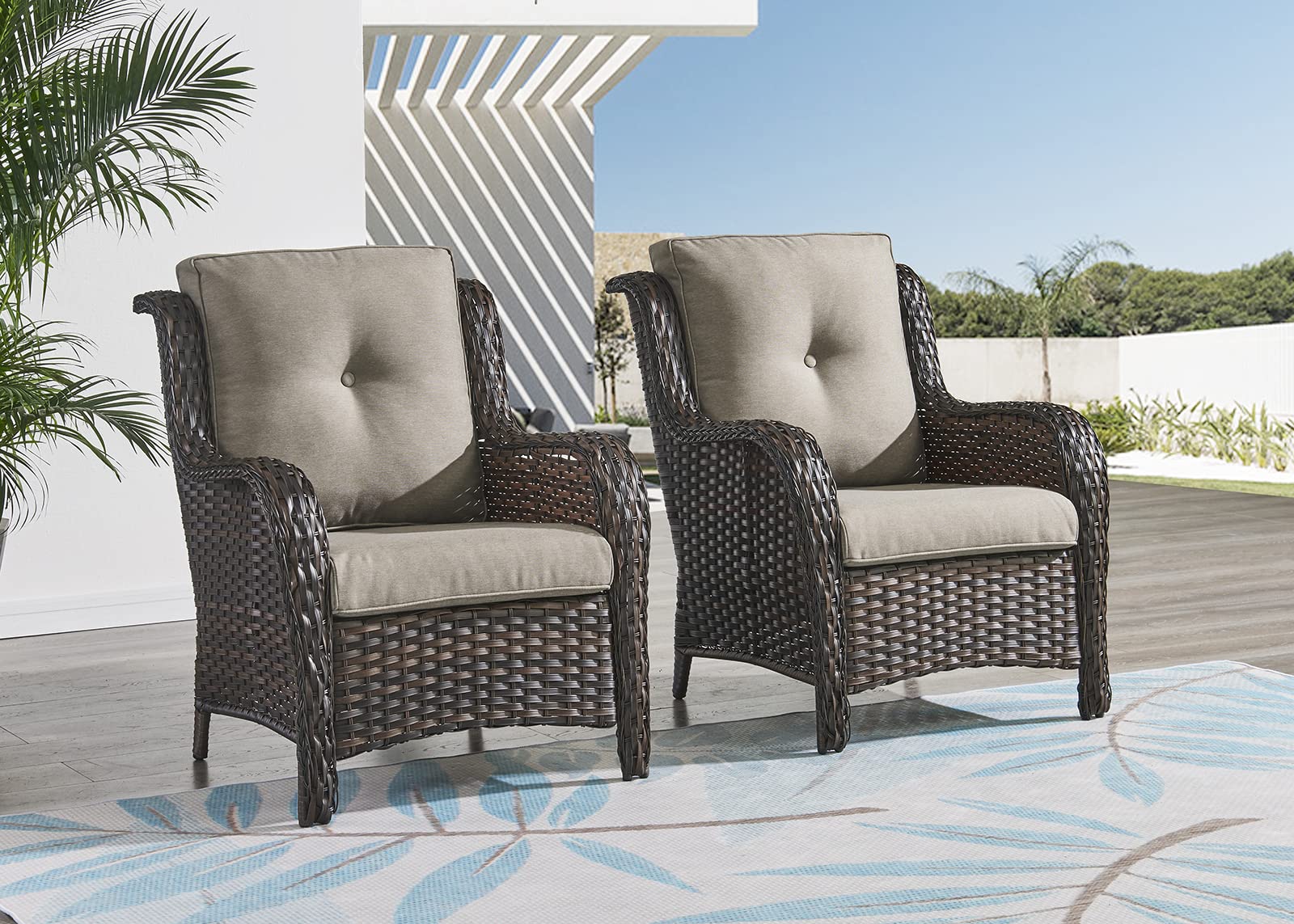 HUMMUH Outdoor Wicker Patio Chairs Set of 2 - PE Rattan Lounge Chairs with High Back & Curved Armrests, Includes 4