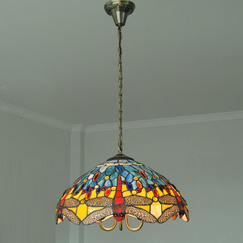 Tiffany Glass Dragonfly Chandelier - Elegant Ceiling Pendant Light for Dining Room, Kitchen, Living Room & Bedroom | Perfect for Home Decor, Restaurants & Cafe Lighting