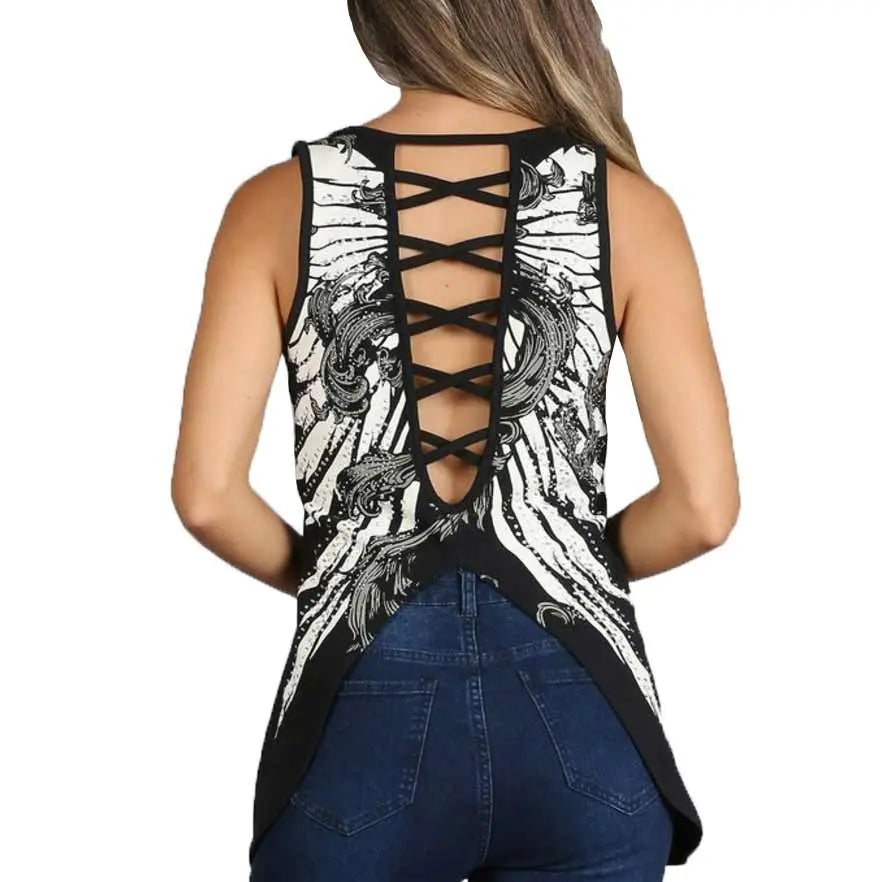 Platinum Plush Women's Skull Print Criss Cross Back Tank Top - Gothic Fashion, Casual Wear & Festival Outfit for Women