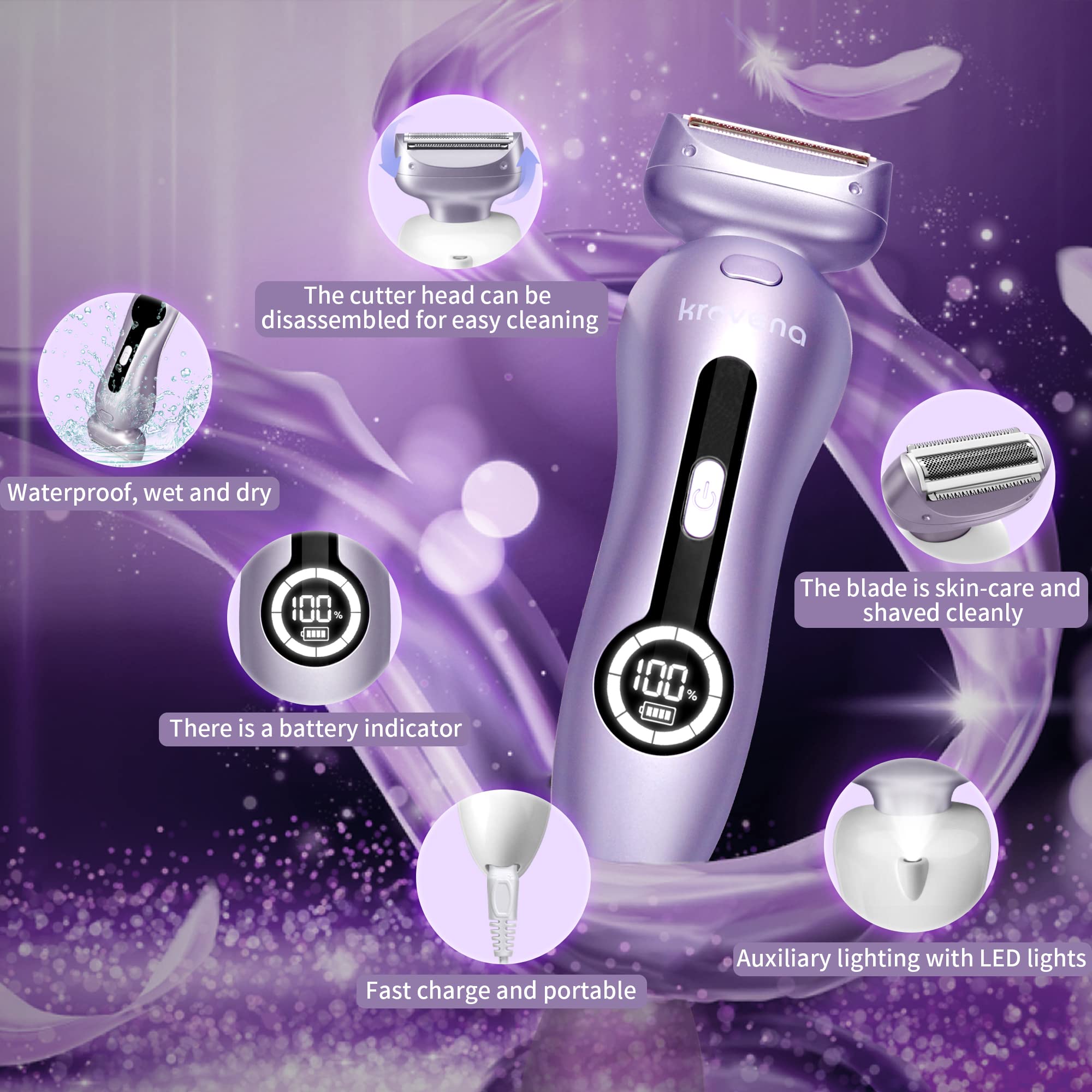 Best Electric Shaver for Women - Rechargeable Cordless Bikini Trimmer for Legs, Underarms & Pubic Hair - Wet/Dry Use with Detachable Head - Perfect for Travel, Gym & Sensitive Skin Care
