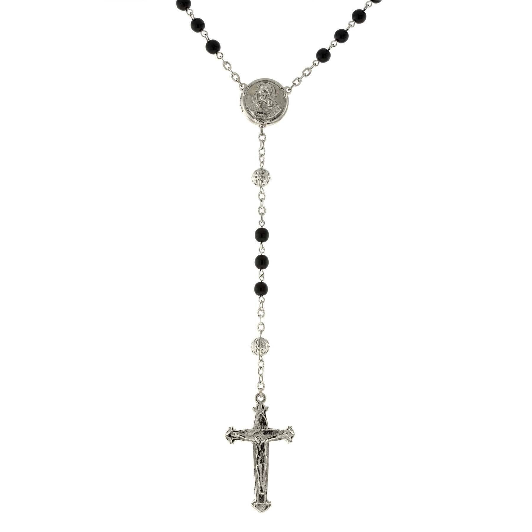 1928 Vintage Beaded Crucifix Necklace with Mary Locket - Catholic Rosary Jewelry for Women - Perfect for Prayer, First Communion & Religious Gifts
