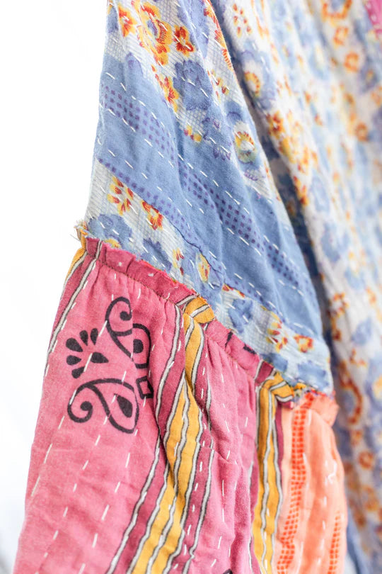 Reversible Kantha Kaftan - Long Boho Kimono Robe for Women | Lightweight Cotton Lounge Dress for Beach Cover Up, Yoga, Meditation & Relaxation at Home