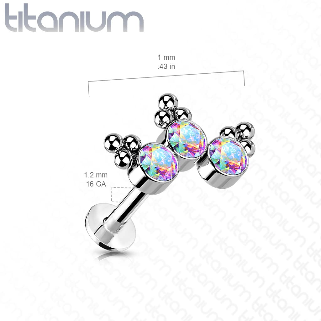 Implant Grade Titanium Threadless Push-In Labret Piercing with 3 Bezel Set CZ Stones & Trinity Ball Cluster - Body Jewelry for Lip, Nose, or Ear Piercings - Sold Individually