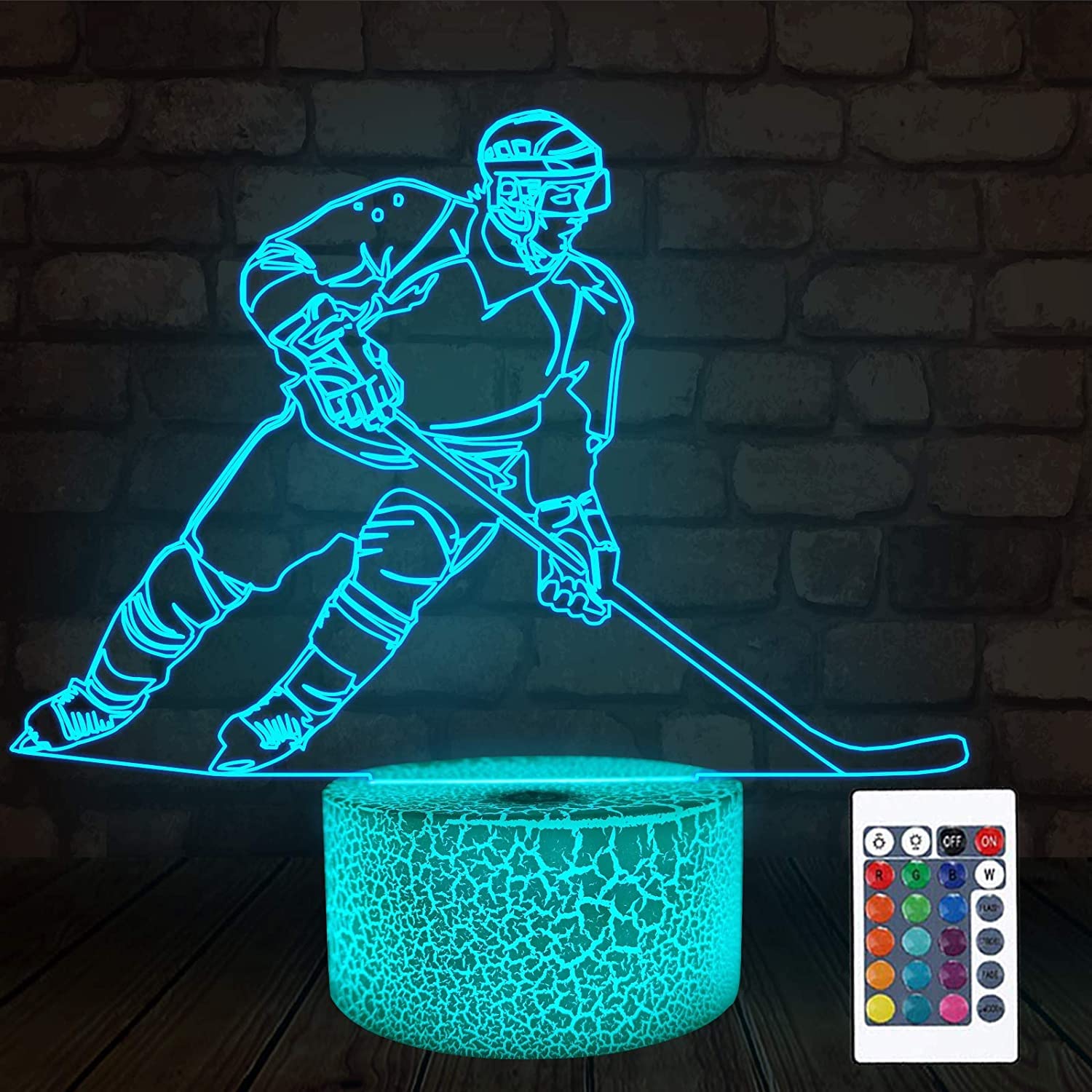 3D Ice Hockey Player Night Light - 16 Color Changing LED Table Lamp with Optical Illusion for Desk, Home Decor | Perfect Gift for Kids, Christmas, Birthday & Sports Fans | Bedroom, Game Room, Nursery Lighting Decor