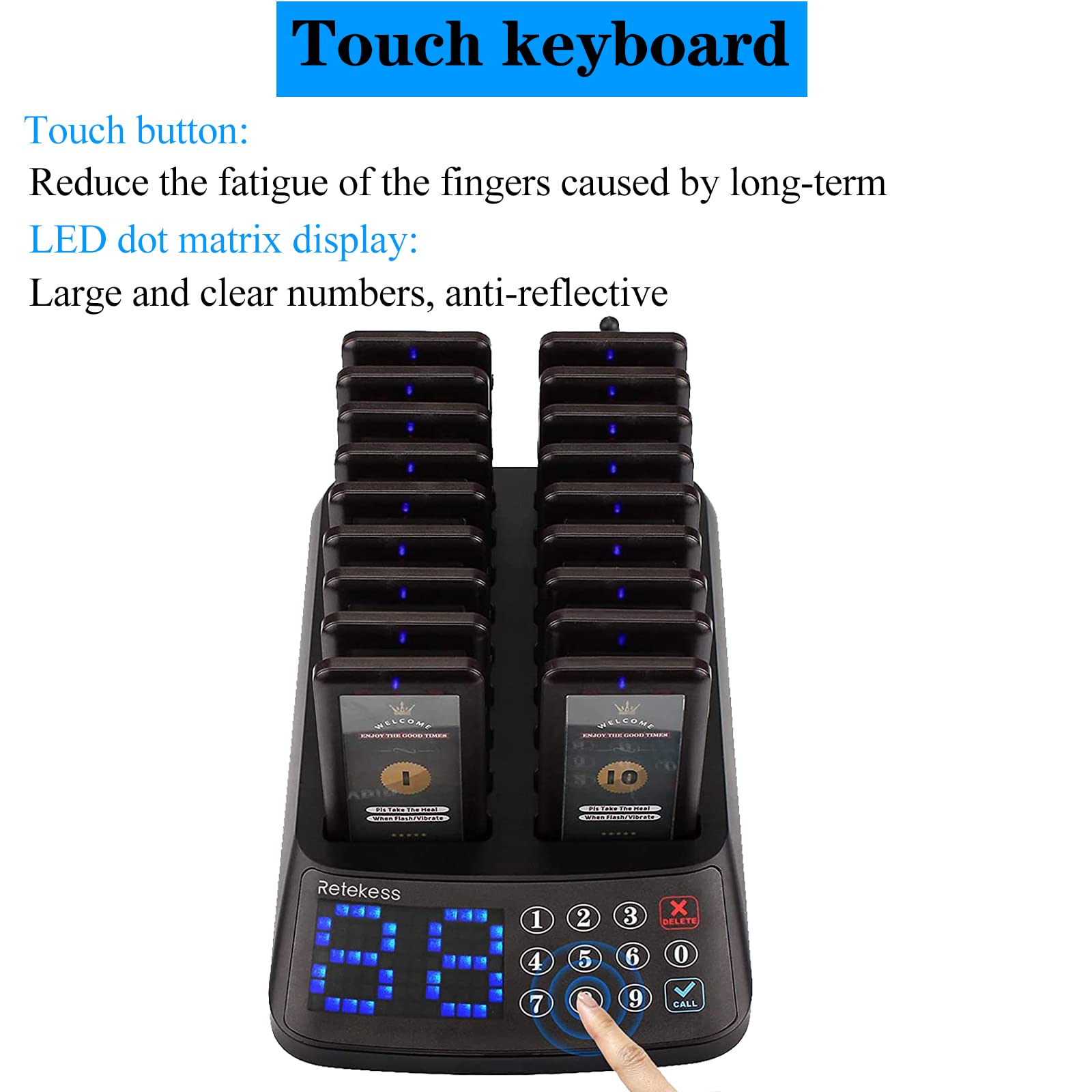 Retekess T115 Restaurant Pagers - 18-Pack Waterproof Wireless Pager System with Touch Keyboard, Vibration & Flash Alerts for Food Trucks, Cafes, Church Nurseries - Ideal for Order Pickup & Customer Notification