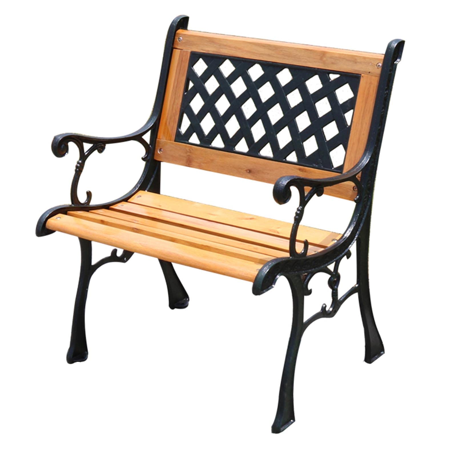 2 Seater Wooden Garden Patio Bench with Cast Iron Frame - Outdoor Park Seating with Mesh Pattern & Back Armrest - Perfect for Porch, Lawn Entrance, and Decorative Outdoor Spaces