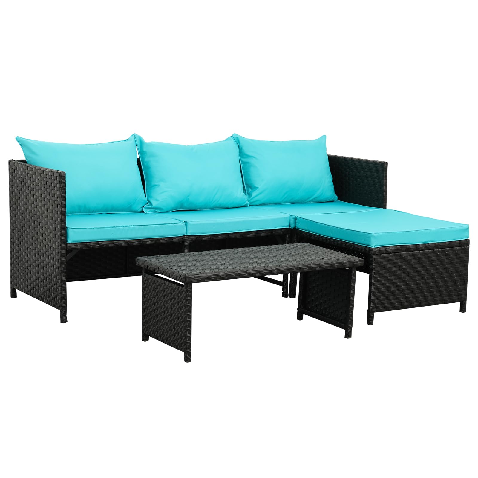 Valita 3-Piece Outdoor PE Rattan Furniture Set - Black Wicker Patio Loveseat Sofa with Turquoise Cushions, All-Weather PE Rattan Sectional Couch for Garden, Poolside, Deck or Backyard Relaxation