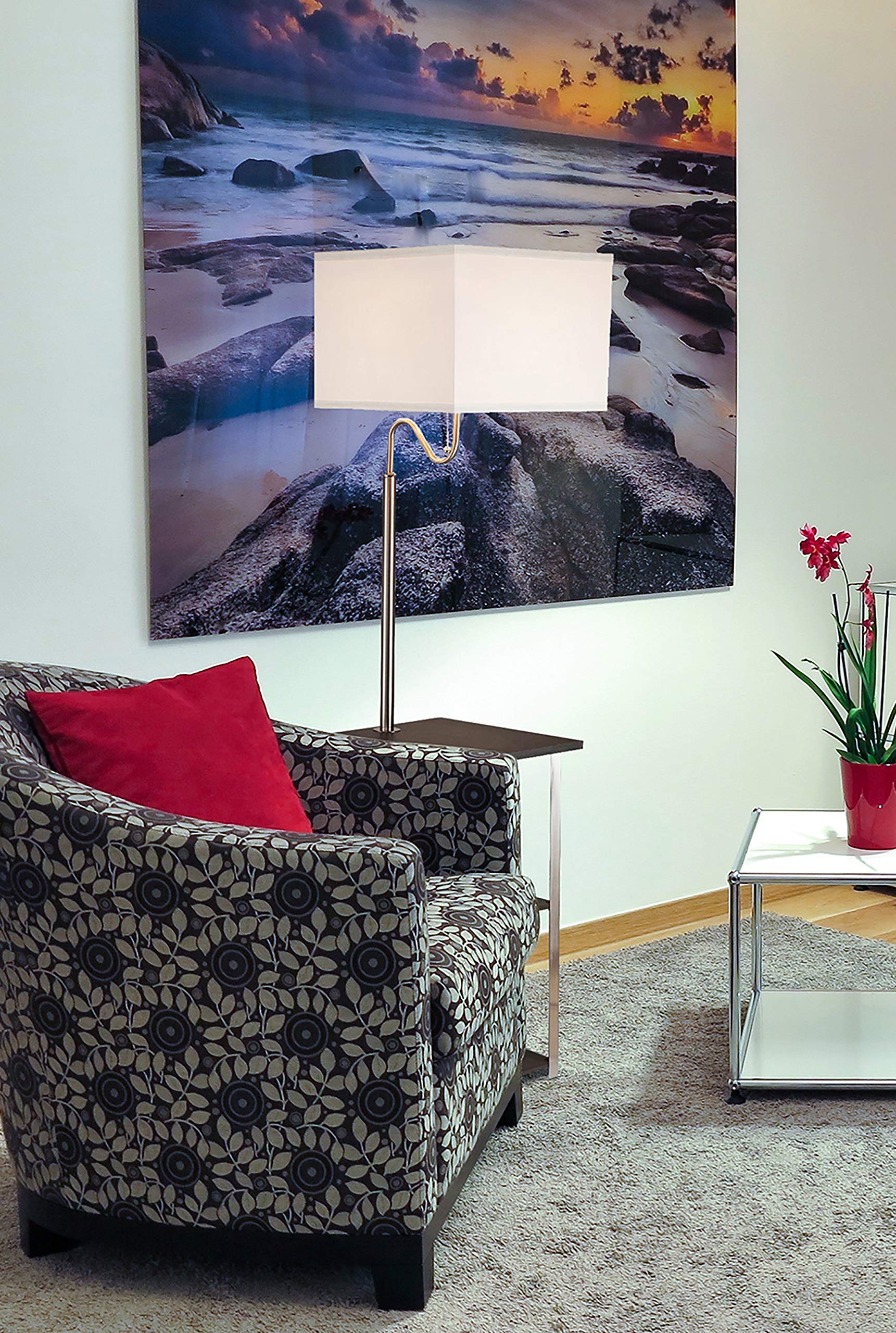 Ore International 6951ASN Modern Square Side Table with Built-in Floor Lamp & USB Charging Station - Brushed Silver Finish | Perfect for Living Room, Bedroom, or Office Nightstand