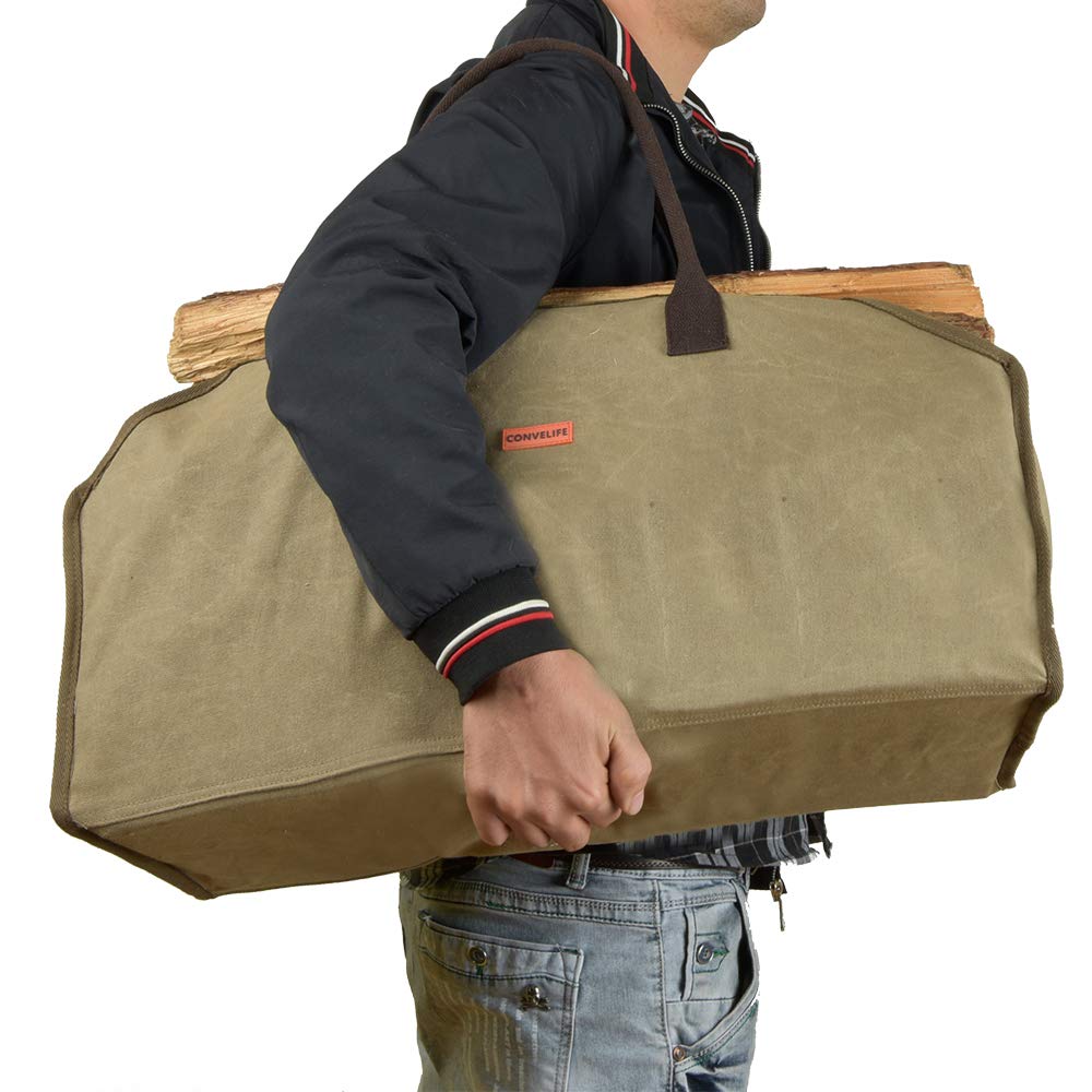 Heavy Duty Waxed Canvas Firewood Log Carrier Tote Bag - Large Wood Carrying Bag for Fireplace, Camping, Wood Stove & Cabin - Indoor/Outdoor Use with Reinforced Handles & Stain Resistant Finish - Perfect for Firewood Storage, Camping Trips & Cozy Cabin Nights