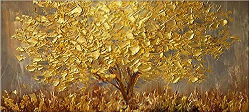 Hand Painted Landscape Flower Oil Painting on Canvas - Abstract Palette Knife Gold Tree Blossom Wall Art - 24x48 Inch Stretched Ready to Hang - Perfect for Living Room, Bedroom & Office Decor