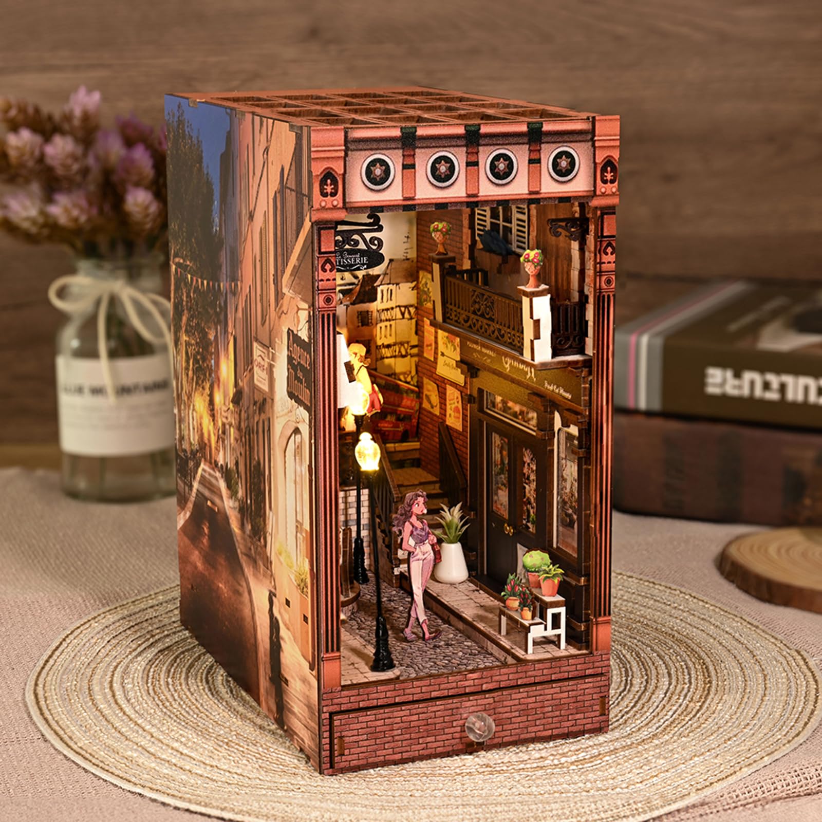 DIY Book Corner Building Kit - Miniature Wooden 3D Puzzle for Dollhouse, Bookshelf Model with LED Lights | Creative Home Decor, Gift for Book Lovers & Craft Enthusiasts | Perfect for Miniature Displays, Room Decor & Educational STEM Projects