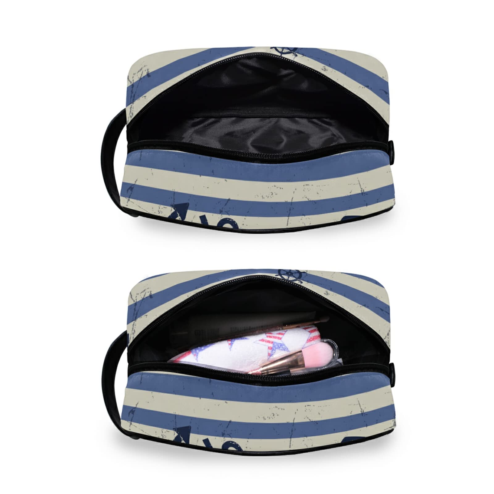 Large Capacity Waterproof Makeup Organizer Bag - Retro Stripes Navy Blue Anchor Design, Travel Cosmetic Case & Toiletry Storage Pouch for Women | Perfect for Travel, Gym, Beach & Daily Use