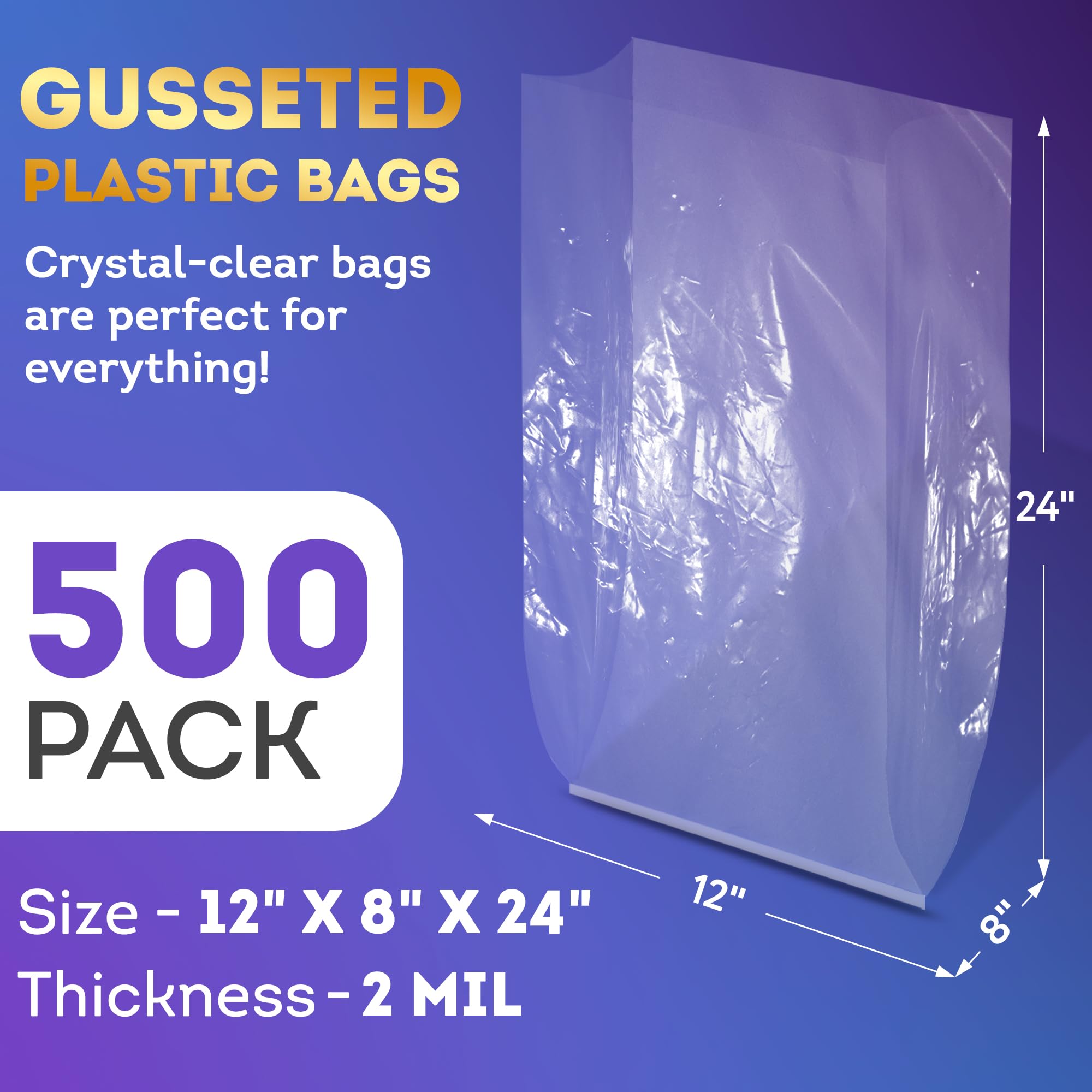 APQ Clear Gusseted Poly Bags 12x8x24 Inches - 500 Pack Waterproof Flat Bottom Plastic Bags with Open Top, 2 Mil Thick for Packaging Popcorn, Cookies, Bread | Perfect for Party Favors, Bakery Storage & Retail Packaging