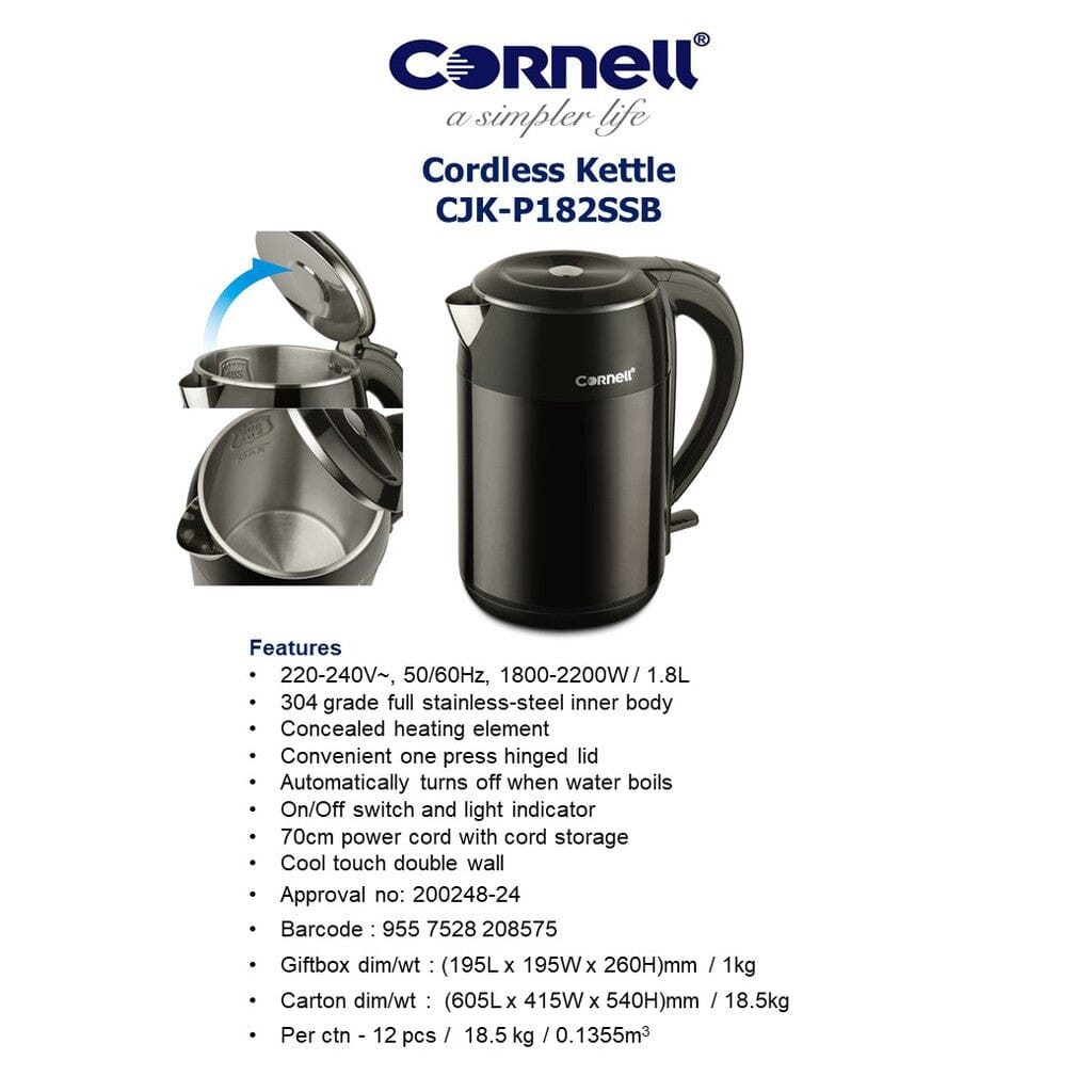 Cornell 1.8L Cool Touch Stainless Steel Electric Kettle - Fast Boiling, Auto Shut-Off & Boil-Dry Protection - Perfect for Home, Office & Tea/Coffee Lovers