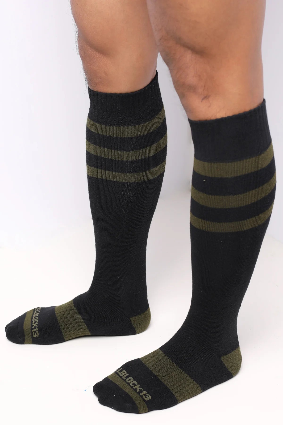 Cellblock 13 Linebacker Knee High Football Socks - Black & Army Green Compression Socks for Sports, Running & Workout - Perfect for Football Players & Athletes