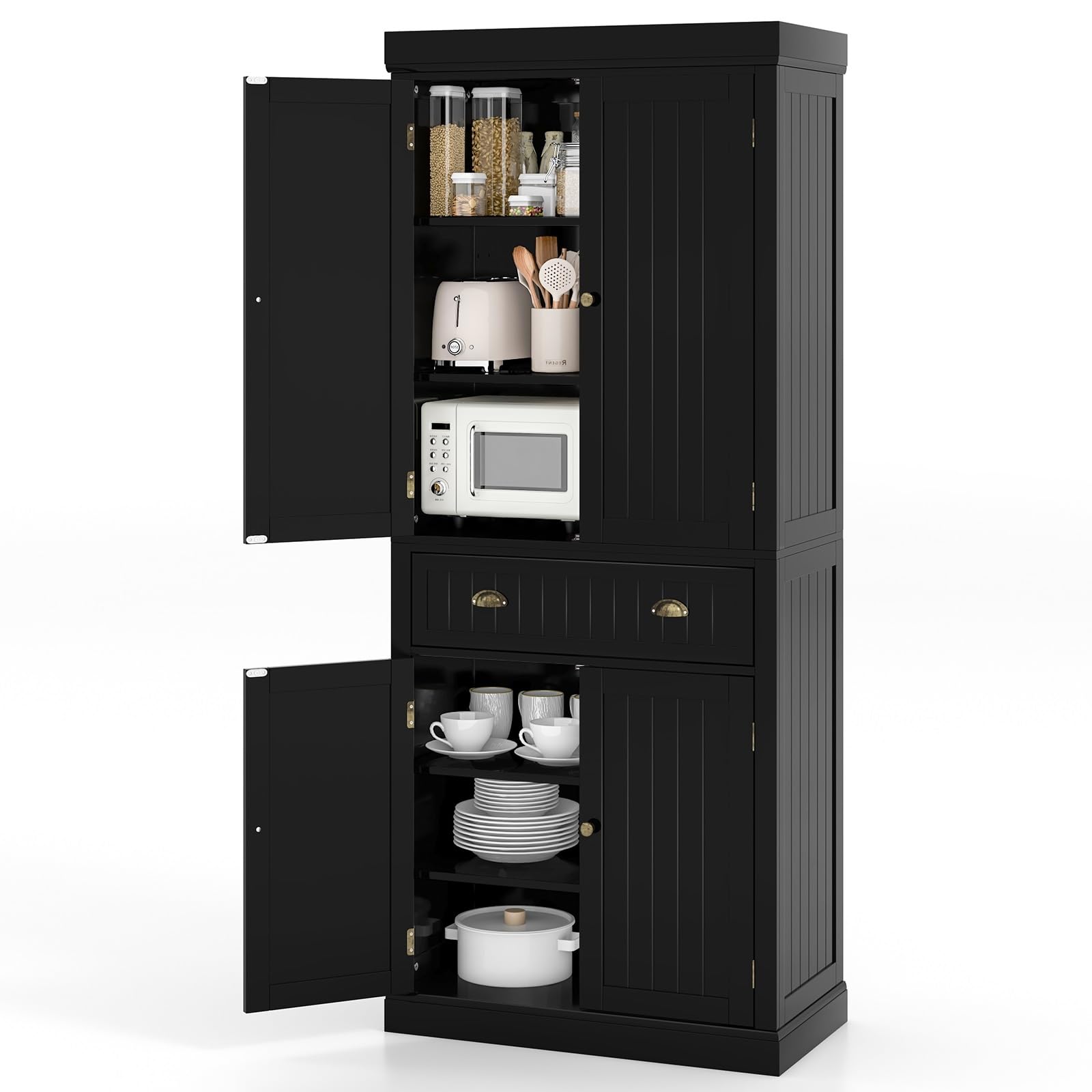 Freestanding Kitchen Pantry Cabinet - 6ft Tall Wood Storage Cupboard with 4 Adjustable Shelves, 2 Pantry Doors & 1 Drawer - Black Utility Organizer for Kitchen, Bathroom, Living Room & Hallway - Perfect for Small Space Storage & Home Organization