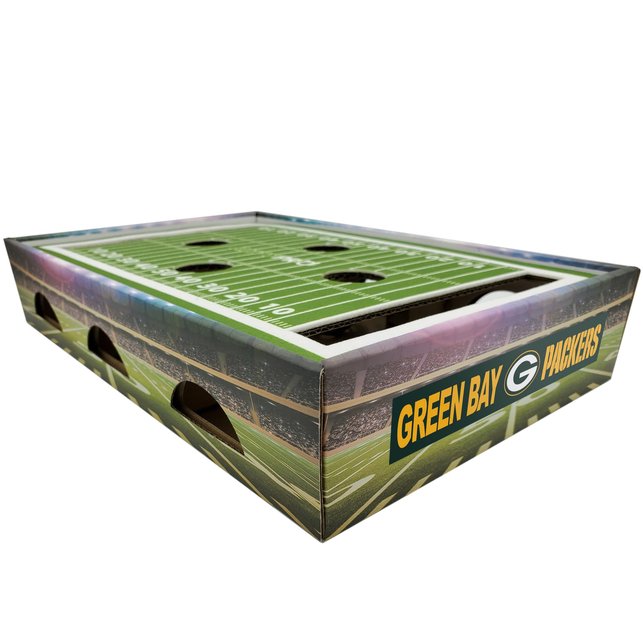 Green Bay Packers NFL Cat Scratcher with 2 Jingle Balls - Pet Football Stadium Toy for Cats, Interactive Play & Lounge Stimulation - Perfect for Game Day & Indoor Playtime (GBP-5028)
