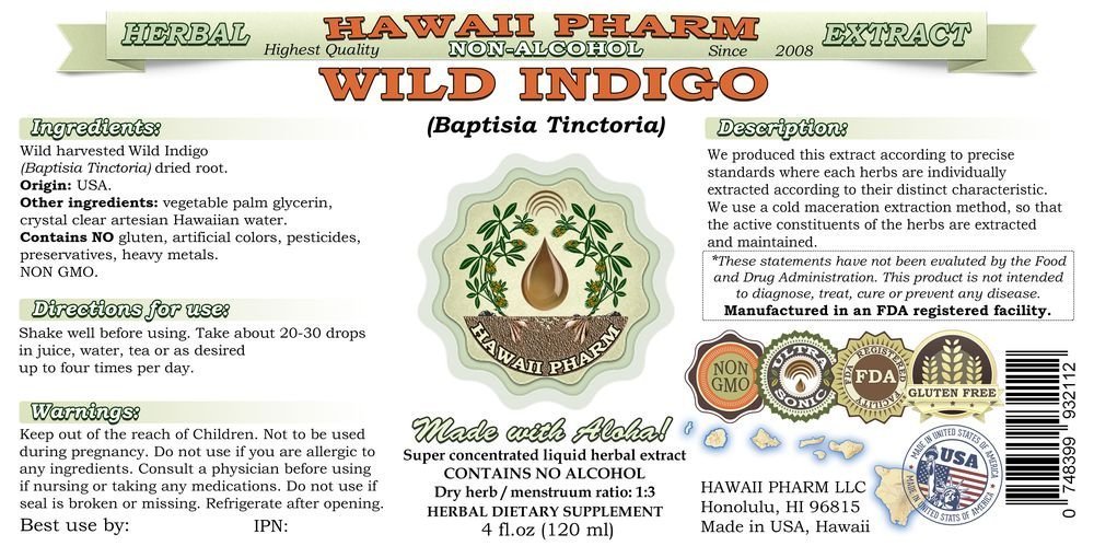 Hawaii Pharm Wild Indigo Alcohol-Free Liquid Extract - Baptisia Tinctoria Dried Root Glycerite Herbal Supplement 4 fl.oz (Pack of 4) - Natural Immune Support & Detox Aid for Wellness Routines