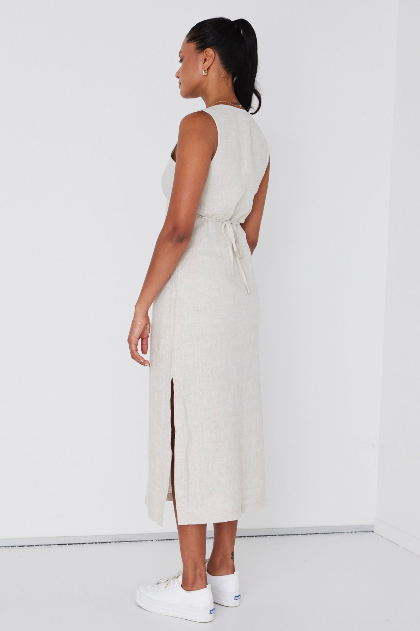 Azalea Natural Linen Sleeveless Empire Midi Dress - Women's Summer Boho Style Dress for Beach, Vacation & Casual Wear