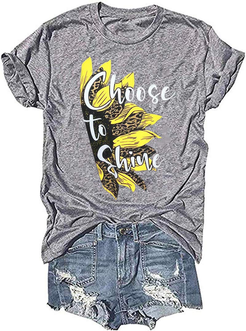 Qbily Women's Sunflower 'Choose to Shine' Graphic T-Shirt - Summer Cute Short Sleeve Casual Top for Outfits, Beach & Daily Wear