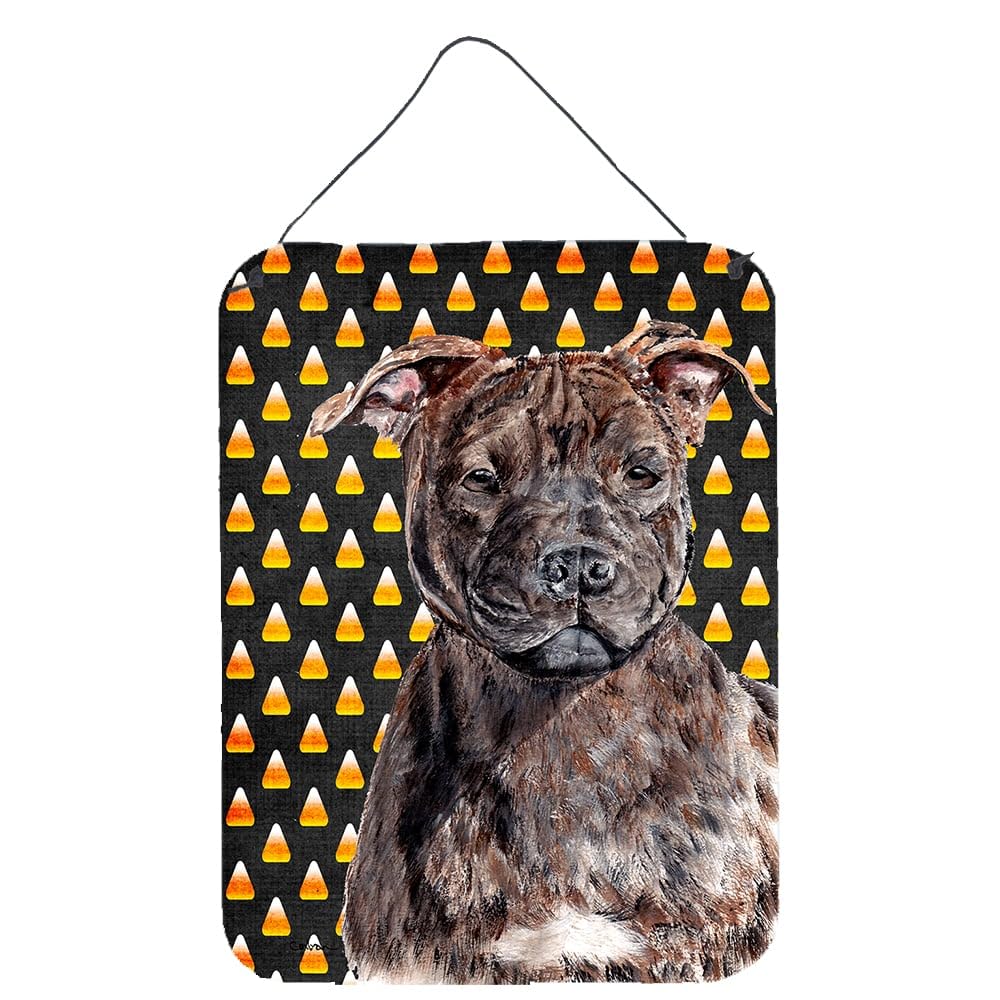 Staffordshire Bull Terrier Halloween Metal Sign - SC9657DS1216 Aluminum Wall Decor for Kitchen, Bar, Bathroom & Front Door | Cute Staffie Candy Corn Themed Home Plaque for Halloween & Year-Round Decor