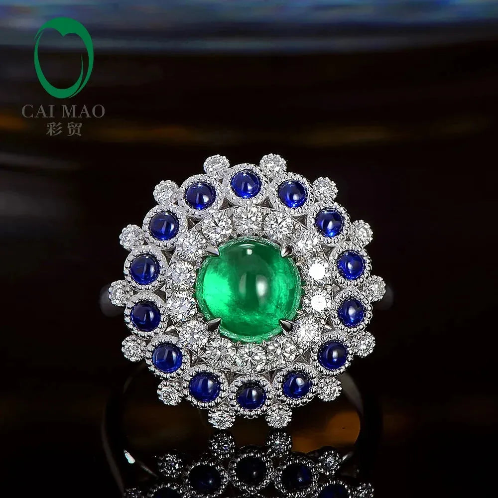 1.85ct Natural Emerald Cabochon Cut 18k White Gold Halo Diamond Sapphire Engagement Ring for Women - Perfect for Proposals, Anniversaries & Special Occasions