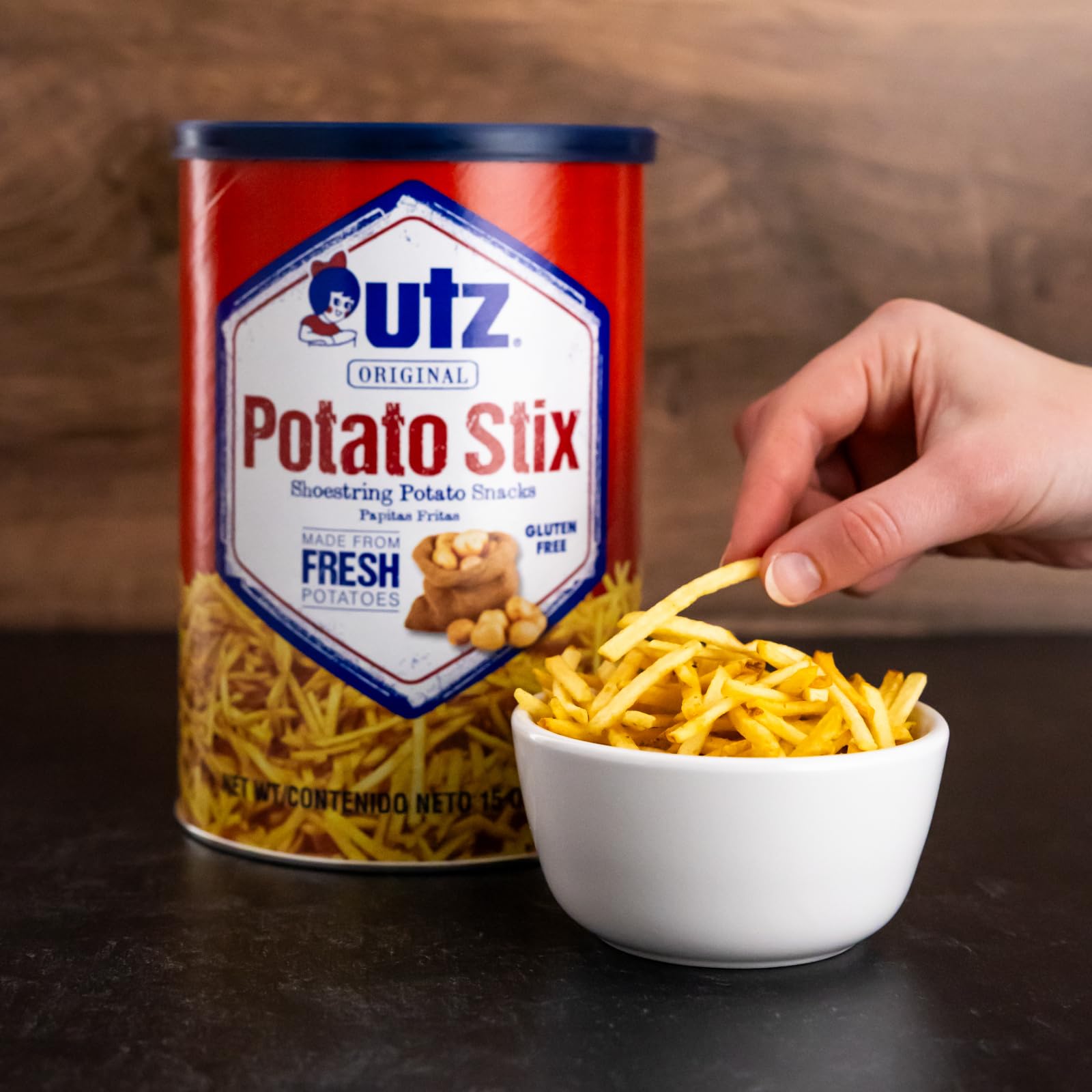 Utz Original Potato Stix - 15 Oz. Resealable Canister | Crispy Shoestring Potato Snacks Made from Fresh Potatoes | Cholesterol Free, Trans-Fat Free & Gluten-Free | Perfect for Parties, Movie Nights & On-the-Go Snacking